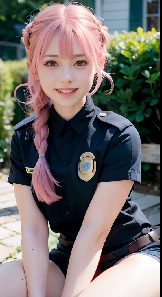 (ultra-detailliert), police uniform with、Blue eyes,The upper part of the body、full body Esbian、faces、(A smile:1.5),(facing front:1.2), 20yr old, teens girl,no tail,(no tail),2D, ​masterpiece, top-quality, animesque, A detailed eye, A detailed face, girl with, Only 1 person,Medium hair with pink hair, (Pink hair),  Ear Hair, small tits, Single braid, (Single braid), (Side braid), Background bokeh