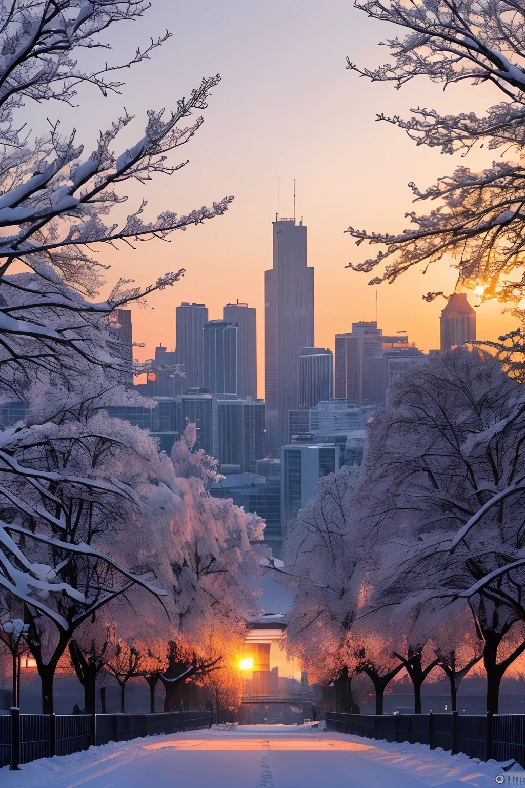 (best quality,4k,8k,highres,masterpiece:1.2),ultra-detailed,(realistic,photorealistic,photo-realistic:1.37),the last sunset before leaving,winter sky at sunset,soft colors,pink orange,blue,mist,rows of trees and buildings,peaceful atmosphere,serene winter landscape,subtle hues,receding sunlight,golden hour,quiet streets,gentle breeze,kiss of warmth,city silhouette,icy branches,elegant architecture,wistful mood,majestic skyline,little snowflakes dancing.