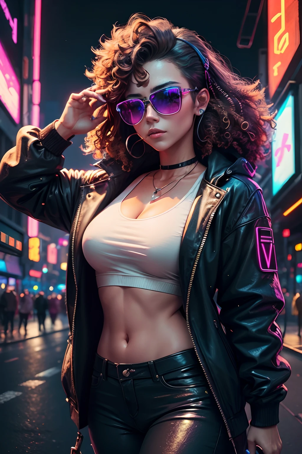 Brown hair . beautiful woman with straight short hair and sunglasses wearing full size headphones - ear piece or surround dark room neon cyberpunk at night coordinator neon glow, techno glasses