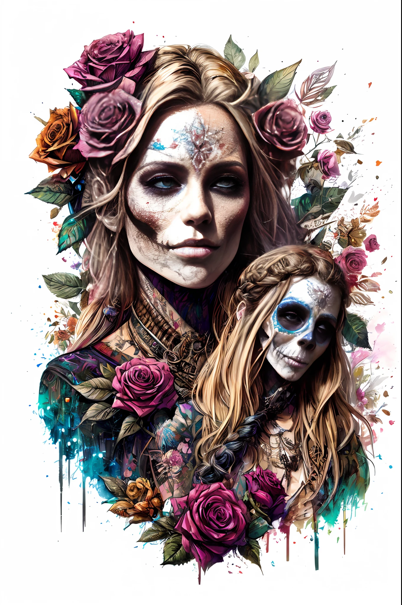 sticker of a fancy blond braided full body picture of a beautiful woman sitting and holding a glock, tights, highly detailed beautiful face, sugar skull, banksy art, roses, skulls, Kim Jung gi, freedom, soul, digital illustration, comic style, steampunk noir, approaching perfection, dynamic, highly detailed, watercolor painting, artstation, concept art, smooth, sharp focus, illustration, art by Carne Griffiths and Wadim Kashin ,