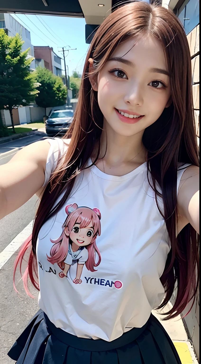 (Best Quality,4K,High resolution), 18yo woman, Girl、 Pink mesh hair on brown hair, Hair is shiny long straight hair, Innocence，small nose、eye liner、Lashes、Lowered eyebrows、kawaii、huge smile，White teeth、Navy blue ruffled skirt、Comical appearance，noisy，comic strip，animesque，Deformed cute illustration、Delicately expresses realistic skin texture、Muscle texture reproduction、Looking into the camera、be bashful、selfee