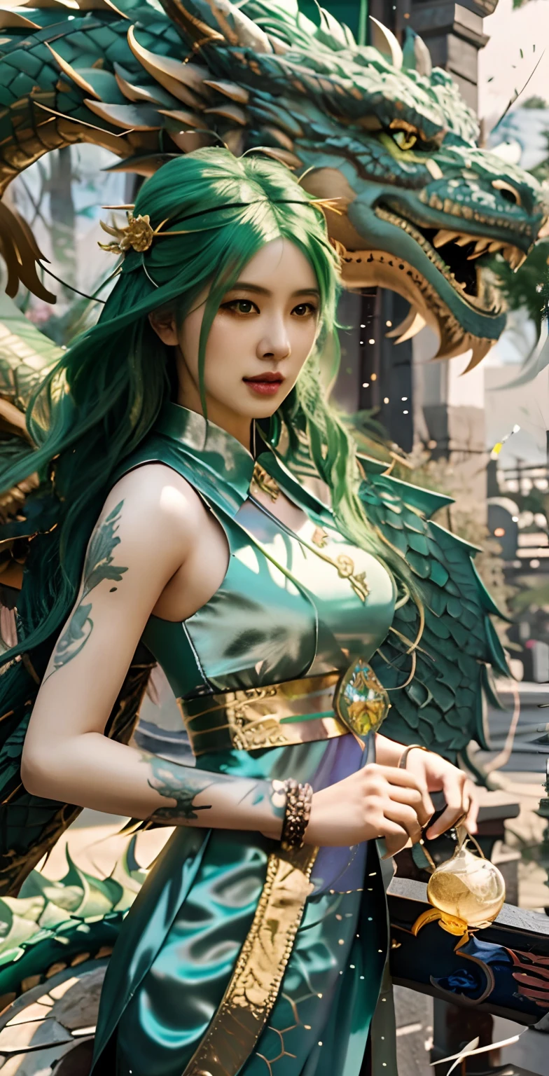 a close up of a woman with green hair and a dragon, fantasy art style, ruan jia and artgerm, trending on cgstation, trending digital fantasy art, a beautiful fantasy empress, chinese fantasy, inspired by Wu Bin, xianxia fantasy, digital fantasy art ), anime fantasy illustration, artgerm and ruan jia, epic fantasy art style