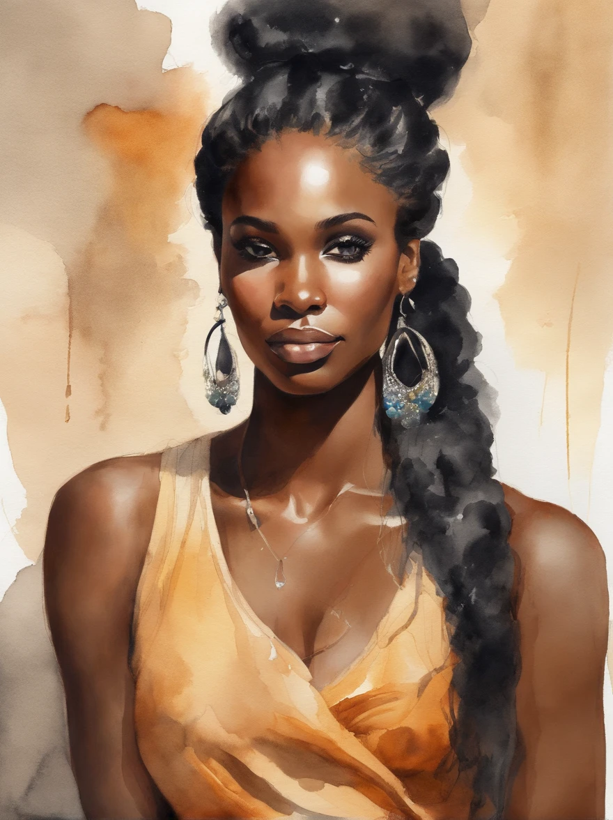 Watercolor painting of a beautiful black girl : : Trending on Artstation: : Simple composition creates a sense of order and harmony. The painting reflects the spiritual qualities of the natural world. --up light --ar 9:16