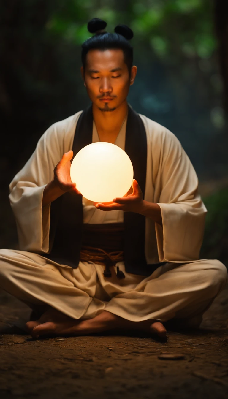 Close-up of a 30-year-old middle-aged Asian man，Holding a glowing ball in your hand,Longas, whitish hair，Barba longasa，Cross-legged sitting meditation ignites the aura of magic around you，taoist master,taoist