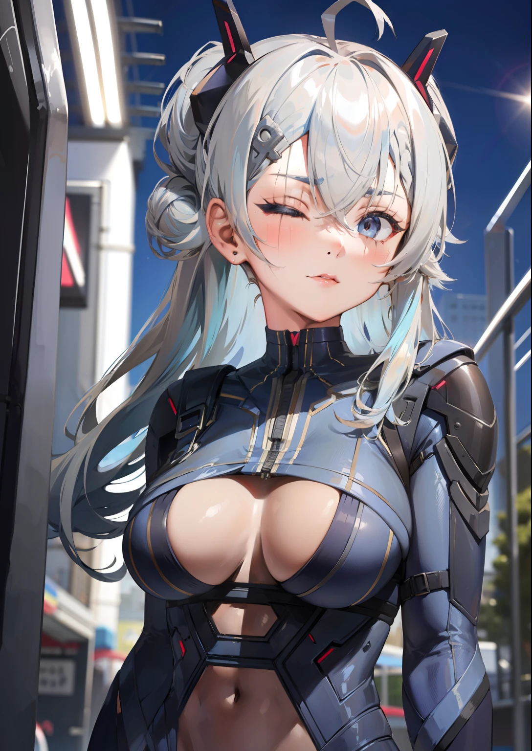 nsfw (1girl,  light blue hair big hair half updo, silver eyes, one eye closed) (digital) ( in detailed amusement park, (bodysuit under clothes, saruei, )) , best quality,