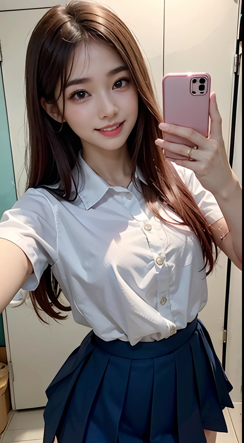 (Best Quality,4K,High resolution), 18yo woman, Girl、 Pink mesh hair on brown hair, Hair is shiny long straight hair, Innocence,small nose、eye liner、Lashes、Lowered eyebrows、kawaii、huge smile,White teeth、Navy blue ruffled skirt、Comical appearance,noisy,comic strip,animesque,Deformed cute illustration、Delicately expresses realistic skin texture、Muscle texture reproduction、Looking into the camera、be bashful、selfee、Facial expression close-up