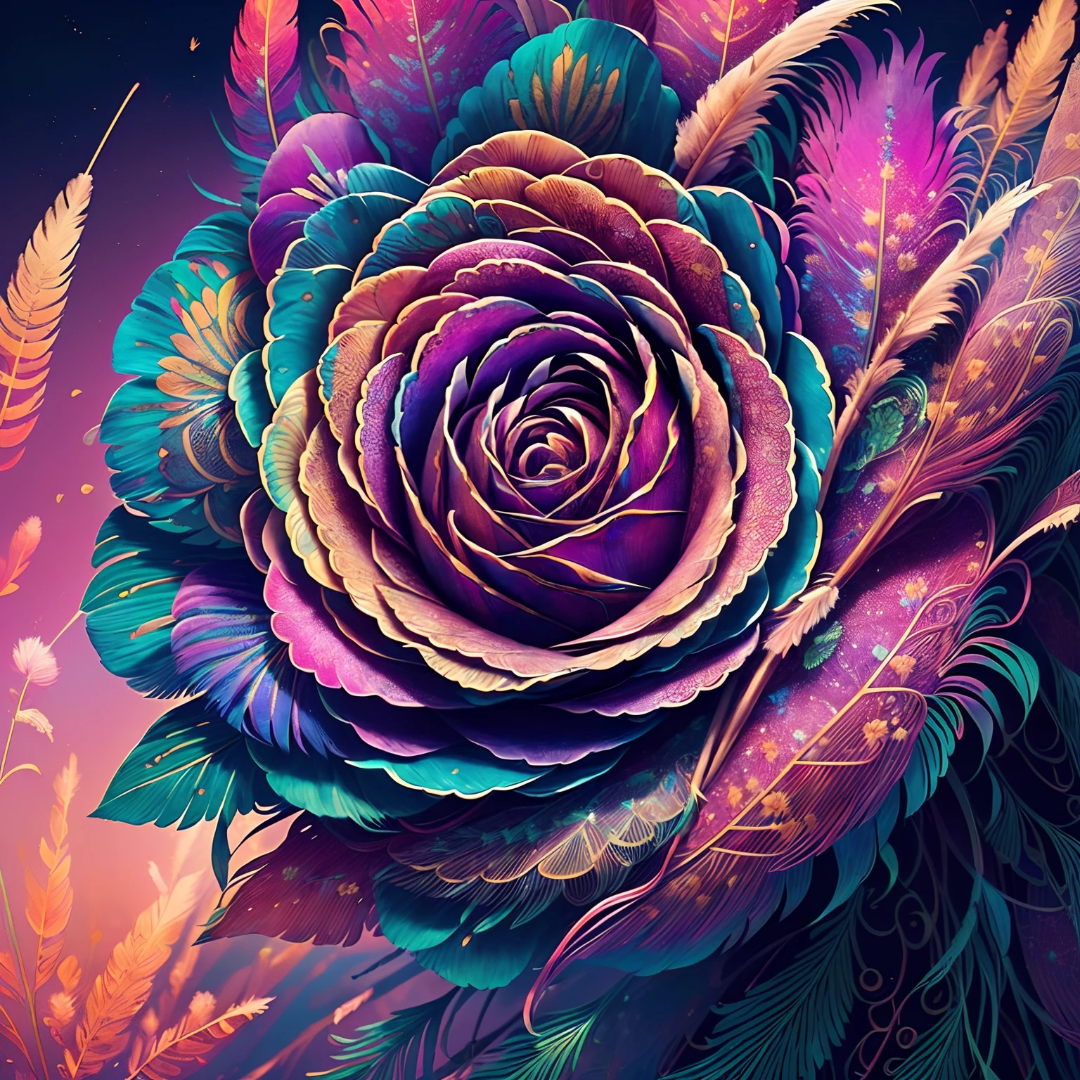 Riff Style 2 (masutepiece, top-quality, Best Quality, Official art, Plants and bird feathers, Beautiful and aesthetic flowers々:1.2), (Roses and pampas grass:1.3), Extremely detailed,(Fractal Art:1.1),(Colorful:1.1)(Flowers:1.3),highest details,(Zentangle:1.2), (Dynamic Pose), (Abstract background:1.3), (Glossy flowers), (Many colors:1.4), ,(Stinging buds), (Feathers:1.5)