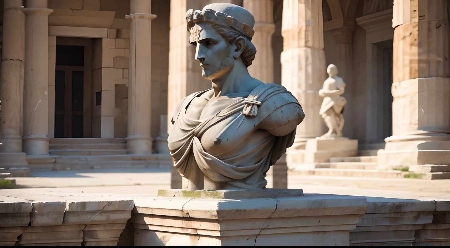 Ancient Greek statue with angry expression, Outside, com rosto extremamente detalhado, well-defined traits, full body view, Colors with low saturation with dark tone, Filmado em Sony A7S III com Sony FE 35mm f/1.8, 12.1 MP, --AR 3:2 --estilo cru