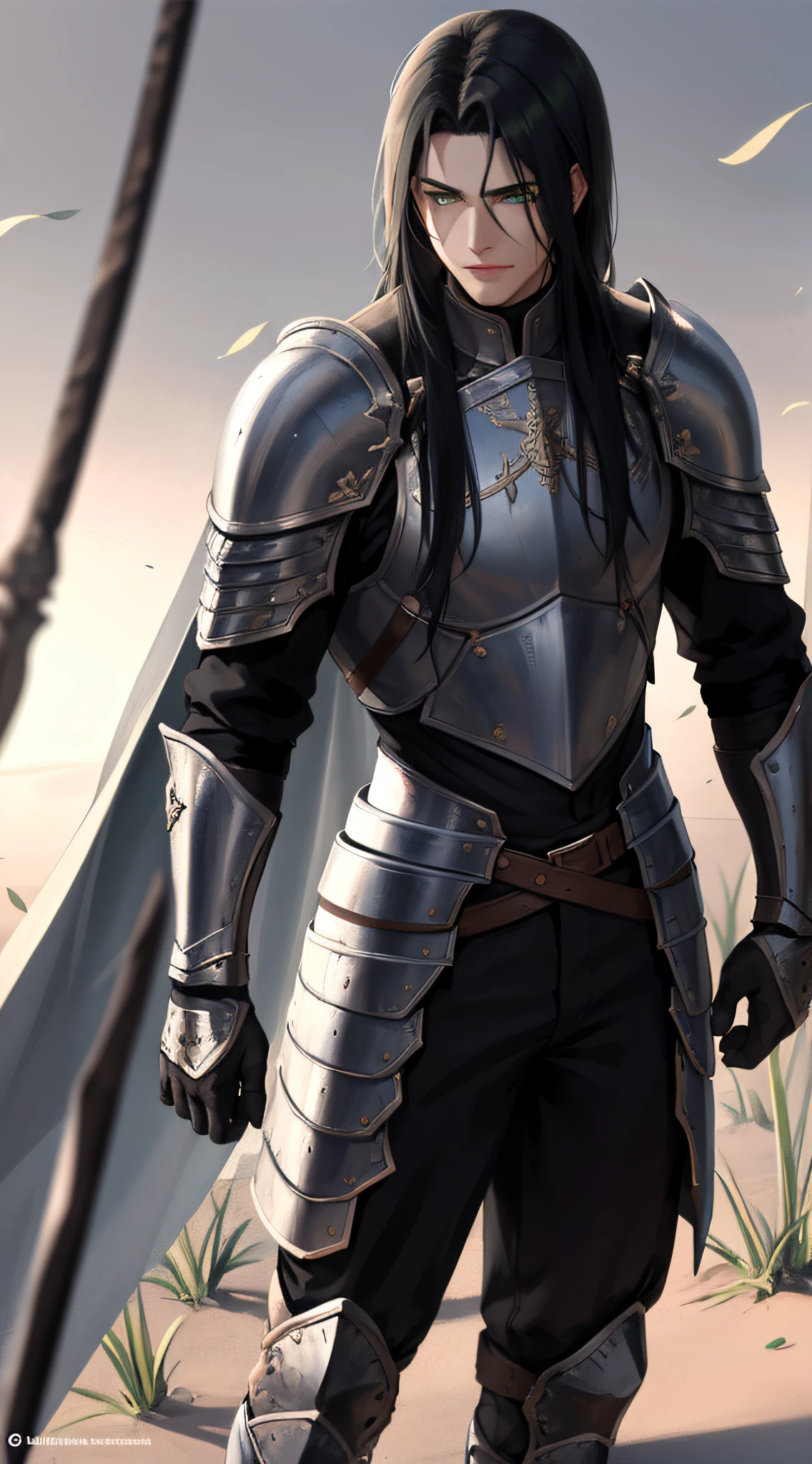 Male warrior in shining armor, long black hair, green colored eyes