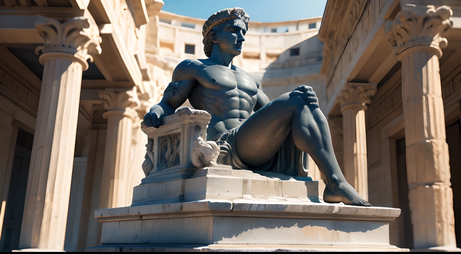 Ancient Greek statue with angry expression, Outside, com rosto extremamente detalhado, well-defined traits, full body view, Colors with low saturation with dark tone, Filmado em Sony A7S III com Sony FE 35mm f/1.8, 12.1 MP, --AR 3:2 --estilo cru