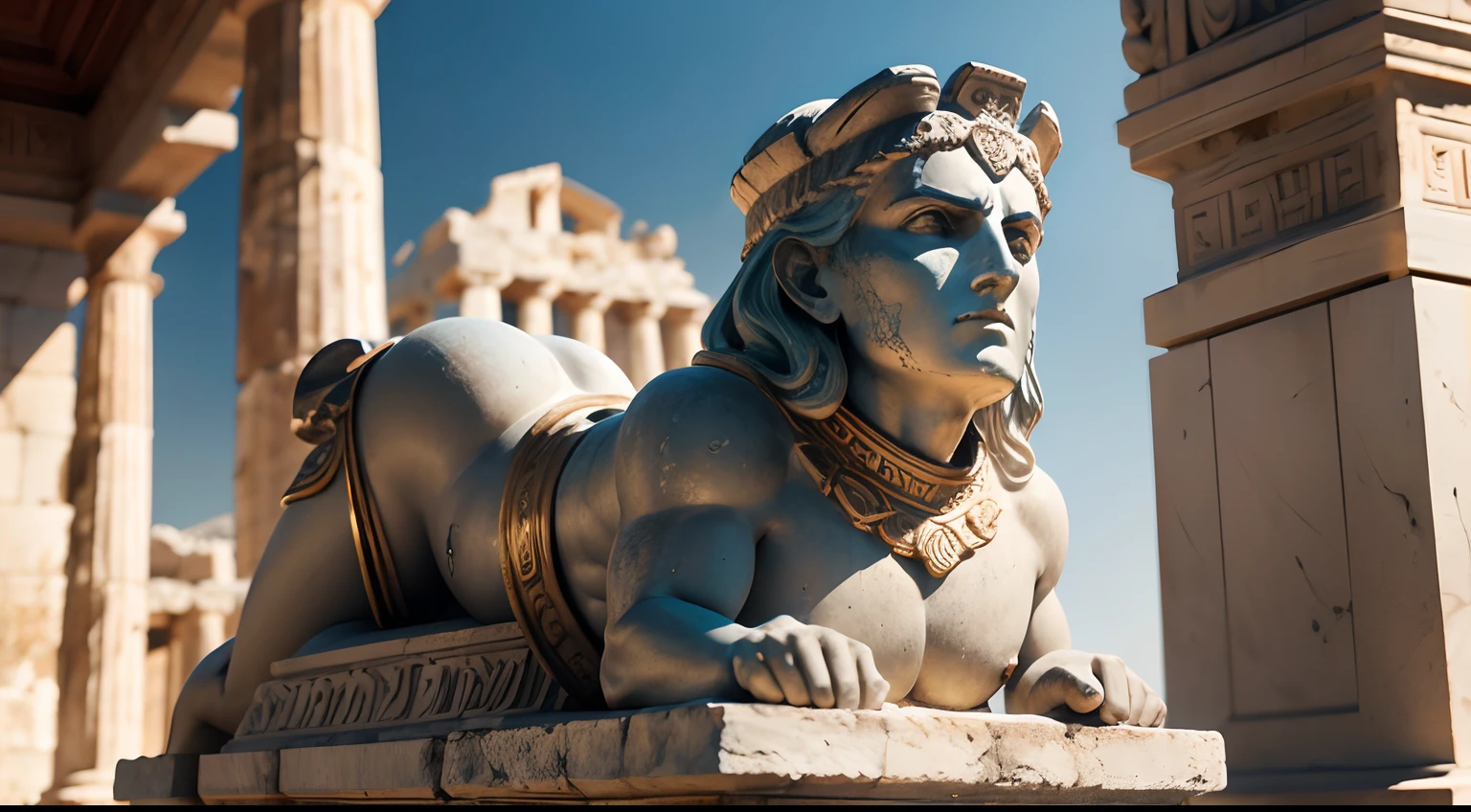 Ancient Greek statue with angry expression, Outside, com rosto extremamente detalhado, well-defined traits, full body view, Colors with low saturation with dark tone, Filmado em Sony A7S III com Sony FE 35mm f/1.8, 12.1 MP, --AR 3:2 --estilo cru