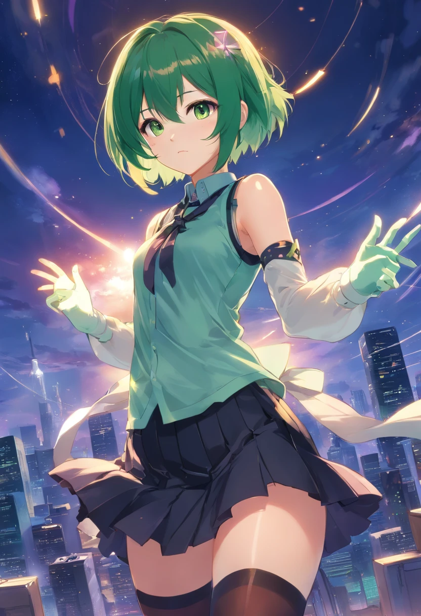 COLLEI, CROSSED BANGS, GREEN HAIR, HAIR ORNAMENT, MEDIUM HAIR, PURPLE EYES, SIDELOCKS,
BLACK GLOVES, BLACK SKIRT, BLACK STRAPS, BRIDAL GAUNTLETS, BROWN THIGHHIGHS, CAPELET, DETACHED SLEEVES, GEM, GLOVES, GREEN CAPELET, GREEN GEMSTONE, JEWELRY, LONG SLEEVES, PUFFY LONG SLEEVES, PUFFY SLEEVES, SHIRT, SKIRT, SLEEVELESS, SLEEVELESS SHIRT, THIGHHIGHS, ZETTAI RYOUIKI