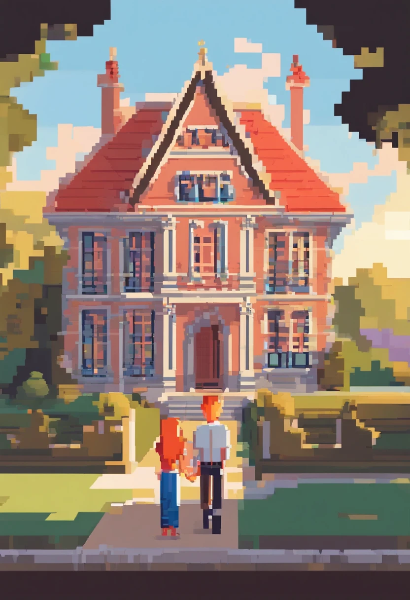 An image of Sarah and David, a young, loving couple, smiling broadly as they hold hands, in front of a beautiful country house. They are dressed in casual clothes, with expressions of excitement and hope on their faces. The house, in the background, is a charming red brick building with ornate windows and a well-kept garden that extends to the entrance. The soft light of the afternoon sun highlights the home, creating a warm and inviting feel. The image conveys the joy and anticipation that Sarah and David feel as they begin this new stage of their lives together.