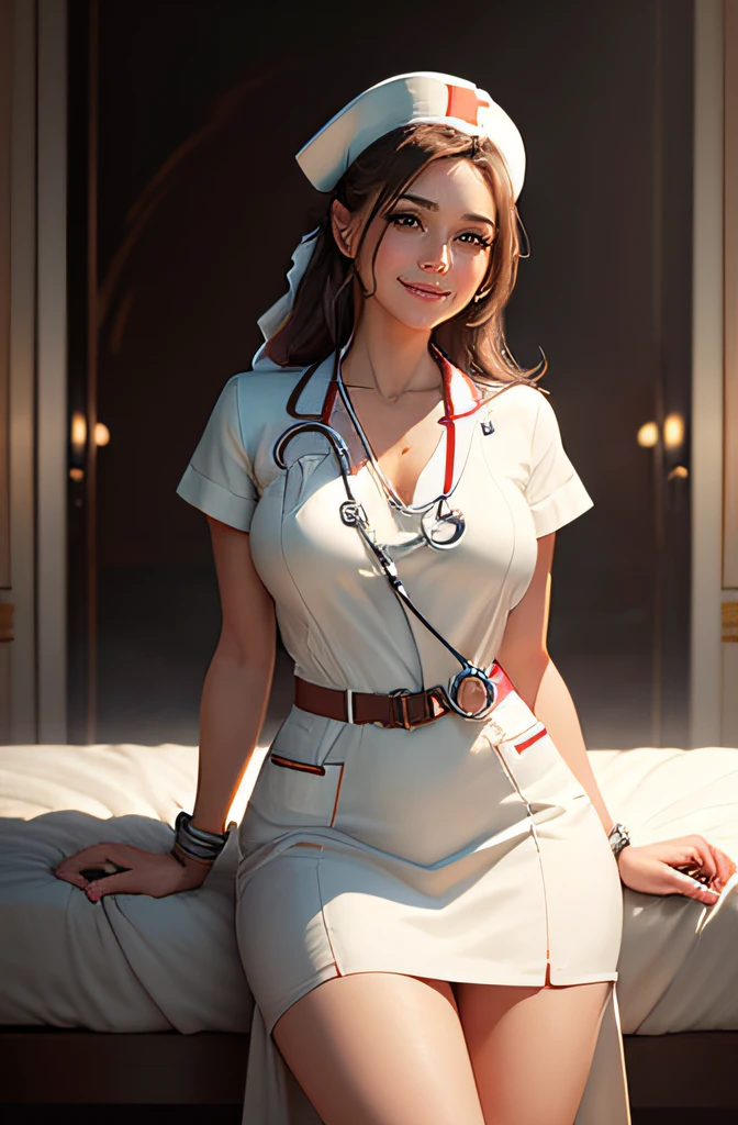full shot body photo of the most beautiful artwork in the world featuring beautiful nurse, sitting on hospital, smiling, white outfit, nostalgia, sexy, stethoscope, heart professional majestic oil painting, Intricate, High Detail, Sharp focus, dramatic, photorealistic painting art , strong post, (Realistic), Hyperrealistic illustrations, alta resolução, ultra-detalhada, absurdos,(Arte Fractal:1.3)、Hairstyle Random、choclate brown hair、TIRO DE CORPO INTEIRO、retro、foco preciso、randome pose、cinema4d、Drama