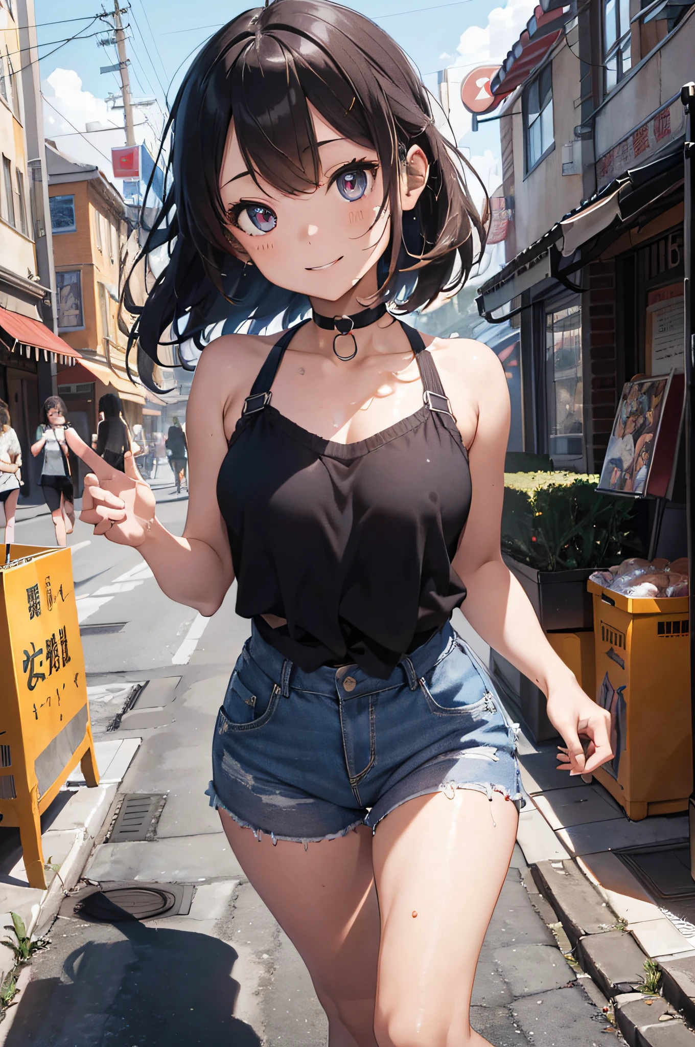(Official art、Best Quality、Unity 8k Wallpapers、32K、masterpiece、ultra-detailliert、超A high resolution、realisitic、Photorealsitic:1.2)、(Cinematic lighting:1.2)、Fireglow effect、film grains、Best Shadows、Rim lighting、side lights、sideshot、(Ultra-detailed and complex 3D rendering)、Detailed beautiful face and eyes、A slender、Medium bust、(Full body:1.2)、 Highly detailed background、beauitful face、blurry backround、-yeld beiful girl、(super detailed skin、detailed skin textures:1.3)、Orange hair、Brown-eyed、Hip Hop Cable、off shoulders、hotpants、(thighs thighs thighs thighs:0.8)、Knitted sandals、City at night、gently smiling、a choker、dynamicposes、