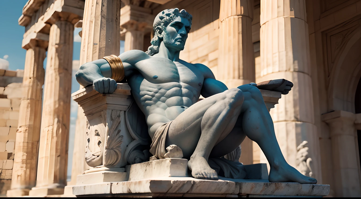 Ancient Greek statue with angry expression, Outside, com rosto extremamente detalhado, well-defined traits, full body view, Colors with low saturation with dark tone, Filmado em Sony A7S III com Sony FE 35mm f/1.8, 12.1 MP, --AR 3:2 --estilo cru