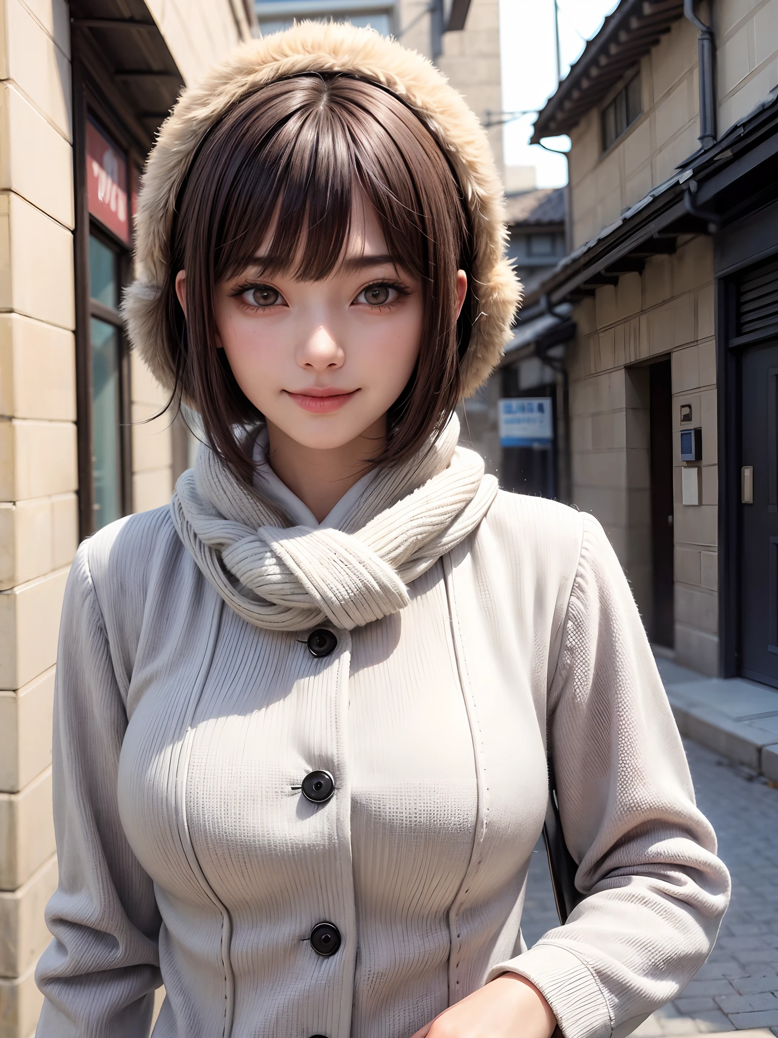 (SFW、masutepiece、Top image quality、top-quality、1 person woman、A very beautiful adult woman with a very cute smile、Symmetrical beautiful face、Beautiful woman full of adult charm、Gradient Eyes、Intense crystal light blue eyes、Intense highlights of your eyes、Slightly bigger eyes、Lashes、Double eyelids、lipgloss、Beautiful teeth、Beautiful teeth alignment、stick out your ears well、Beautiful long neck、Show off a little lower milk、short hair with long locks、Lustrous hair、crossed bangs、Asymmetric van、Head tilt、point at viewer、Look firmly at the camera、looking through legs、Turn the body slightly to the left)、Beautiful design winter clothes coat coordination、Winter coat、Winter clothes hat、Deities々Deep forest background:1.6、28 year old beautiful woman、Smaller face、Short beautiful hair that feels movement、{Gigantic|Big|Huge|Mega} breasts, cleavage、Very tall supermodel、Supermodel with very broad shoulders、