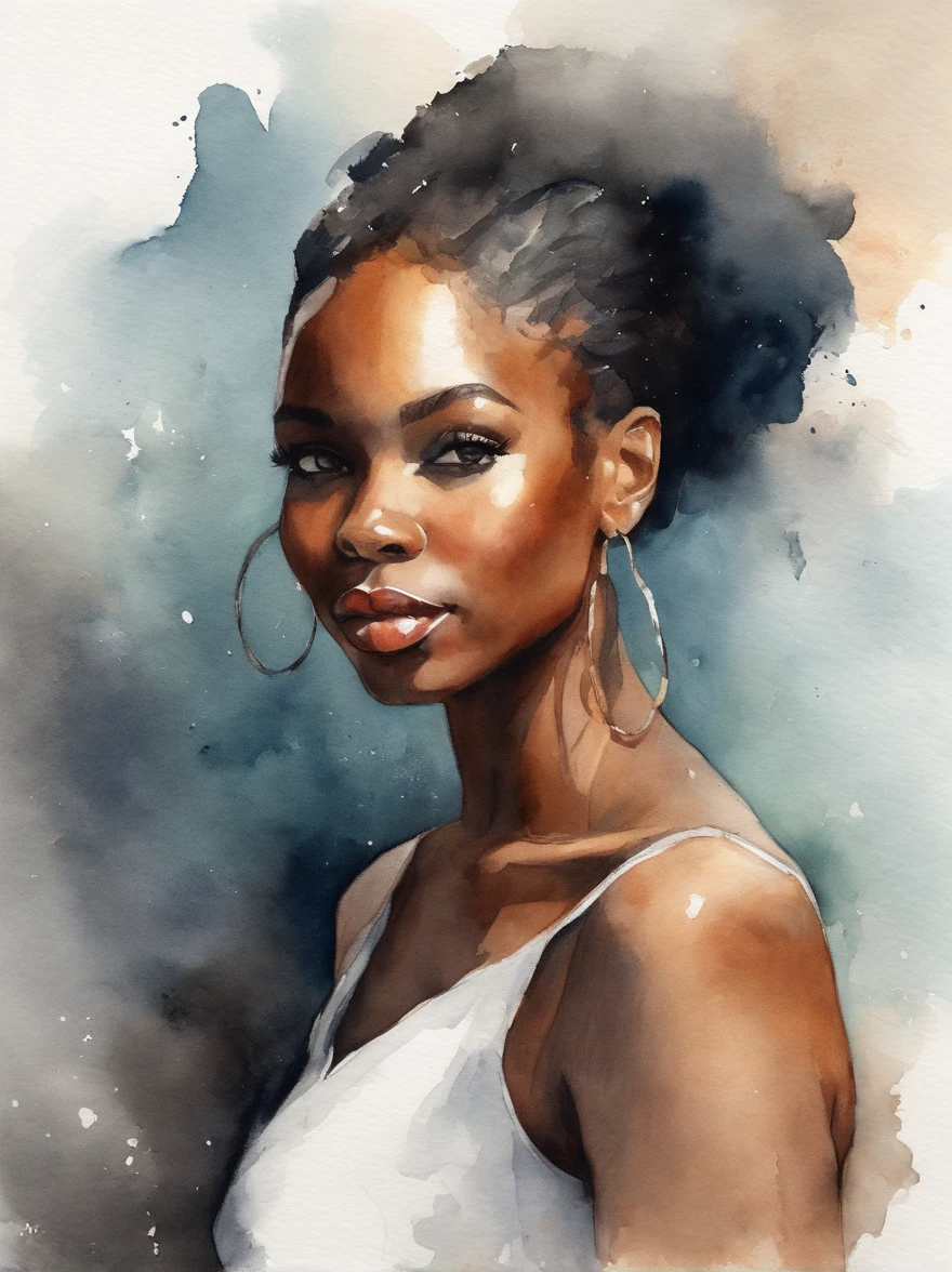 Watercolor painting of a beautiful black girl : : Trending on Artstation: : Simple composition creates a sense of order and harmony. The painting reflects the spiritual qualities of the natural world. --up light --ar 9:16