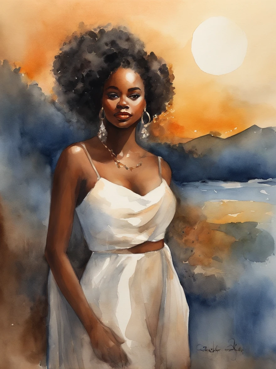 Watercolor painting of a beautiful black girl : : Trending on Artstation: : Simple composition creates a sense of order and harmony. The painting reflects the spiritual qualities of the natural world. --up light --ar 9:16