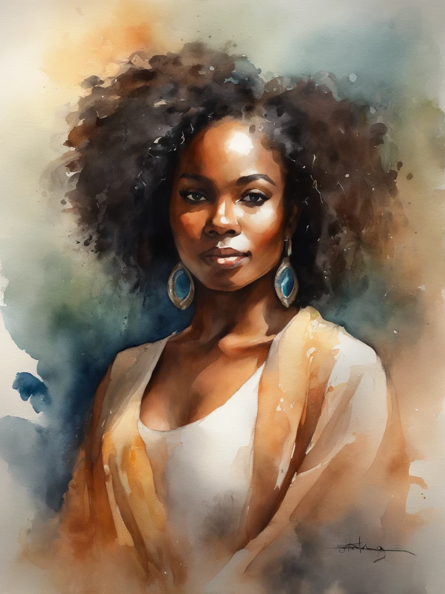 Watercolor painting of a beautiful black girl : : Trending on Artstation: : Simple composition creates a sense of order and harmony. The painting reflects the spiritual qualities of the natural world. --up light --ar 9:16