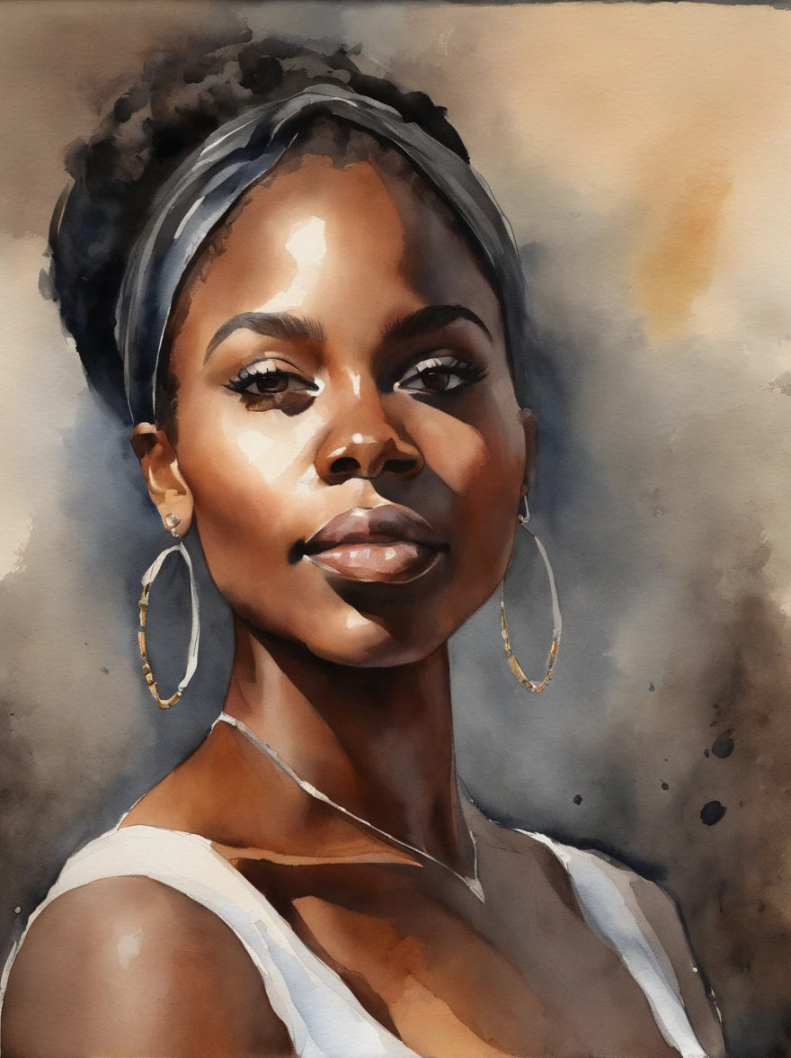 Watercolor painting of a beautiful black girl : : Trending on Artstation: : Simple composition creates a sense of order and harmony. The painting reflects the spiritual qualities of the natural world. --up light --ar 9:16