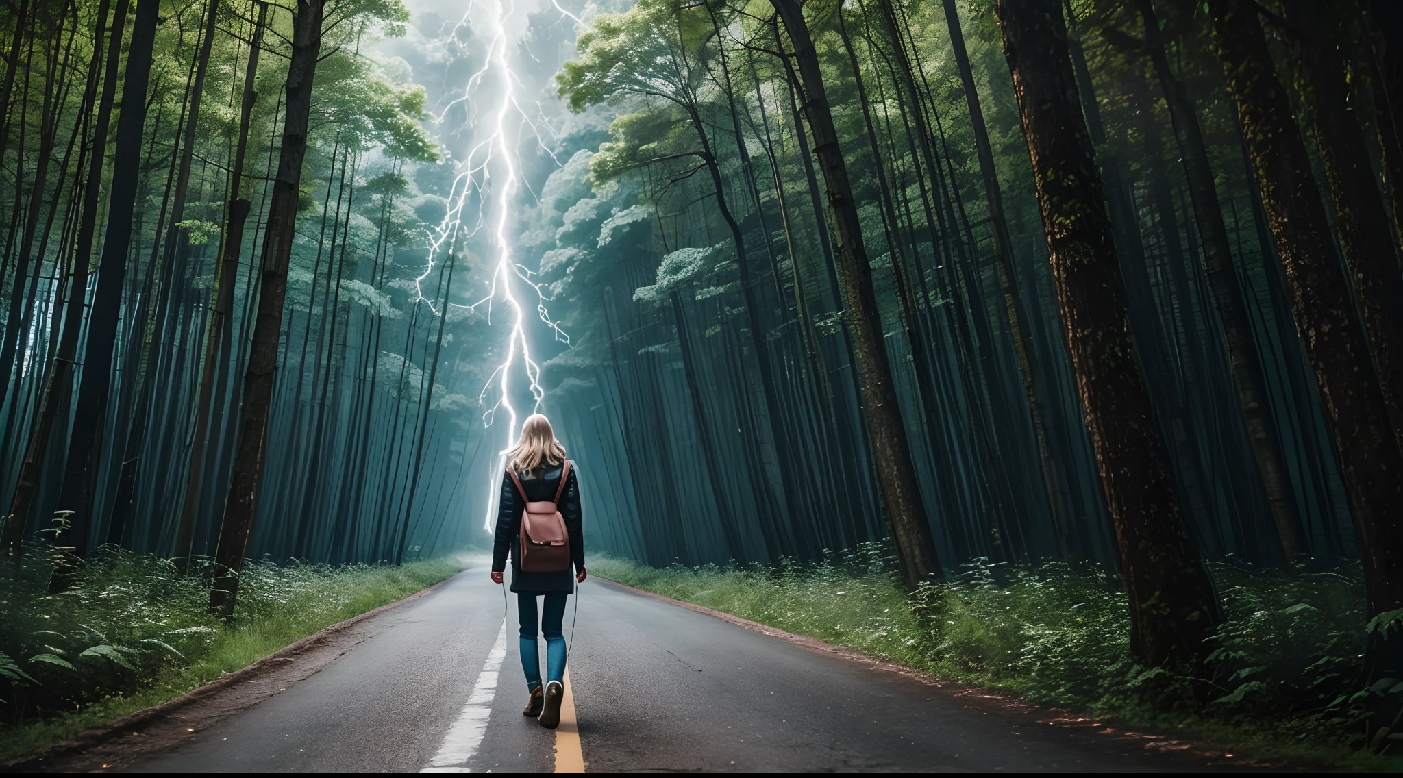 woman walking down a forest highway lightning electricity