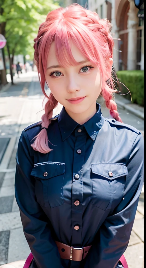(ultra-detailliert), police uniform with、Blue eyes,The upper part of the body、full body Esbian、faces、(A smile:1.5),(facing front:1.2), 20yr old, teens girl,no tail,(no tail),2D, ​masterpiece, top-quality, animesque, A detailed eye, A detailed face, girl with, Only 1 person,Medium hair with pink hair, (Pink hair),  Ear Hair, small tits, Single braid, (Single braid), (Side braid), Background bokeh