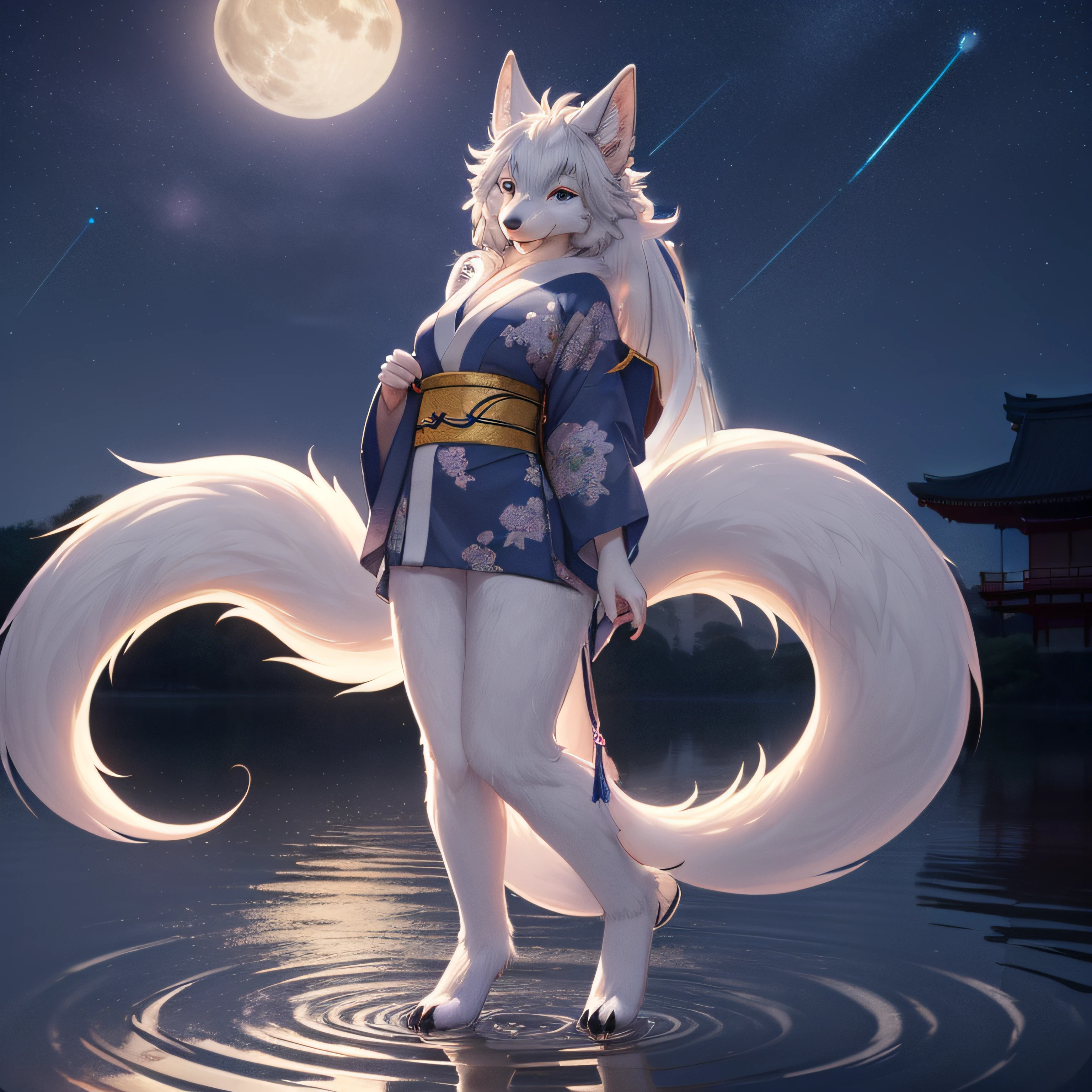 ((Beastwoman))(Furry, Solo focus, in a kimono)(furry anthro:1.7)(((furry body, Facial features of animal, Features of the animal body)))(((muzzle of the animal, very detailed long thick grey fur)))All over body,  Smile (portrait), kitsune, Top quality, ultra-fine illustrations, (beautiful face and eyes with great detail),  (she has four fluffy grey tails flowing from behind her), standing in the middle of a moonlit lake at night, cherry trees and Japanese temple in the background, (she is wearing a highly detailed blue gold beautiful kimono), (night sky, darkness, mysterious, mystical, (multiple tails), (extra fluffy fur), tall, commanding, goddess, show full body from head to feet