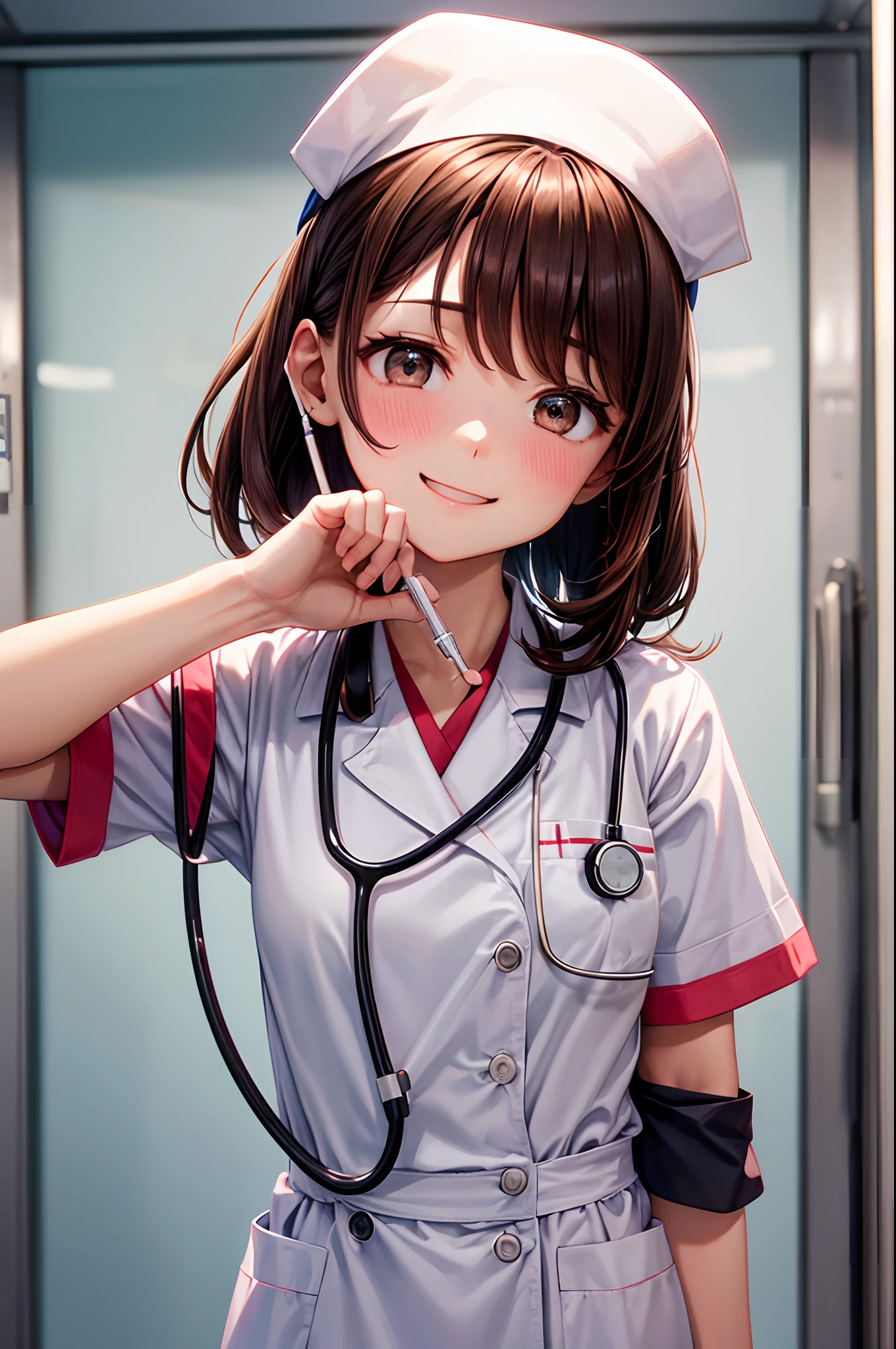 Best Quality,No head decoration、 nurse、Very cute、A smile、bobhair、Brown hair、hospitals、I want to blush、Staring at this、Do not wear hats、winc、Grab a stethoscope、Brandishing a stethoscope、Using a syringe