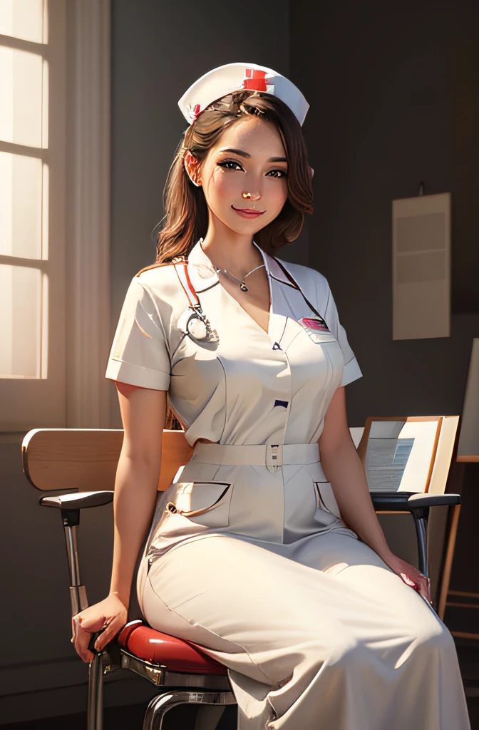 full shot body photo of the most beautiful artwork in the world featuring beautiful nurse, sitting on hospital, smiling, white outfit, nostalgia, sexy, stethoscope, heart professional majestic oil painting, Intricate, High Detail, Sharp focus, dramatic, photorealistic painting art , strong post