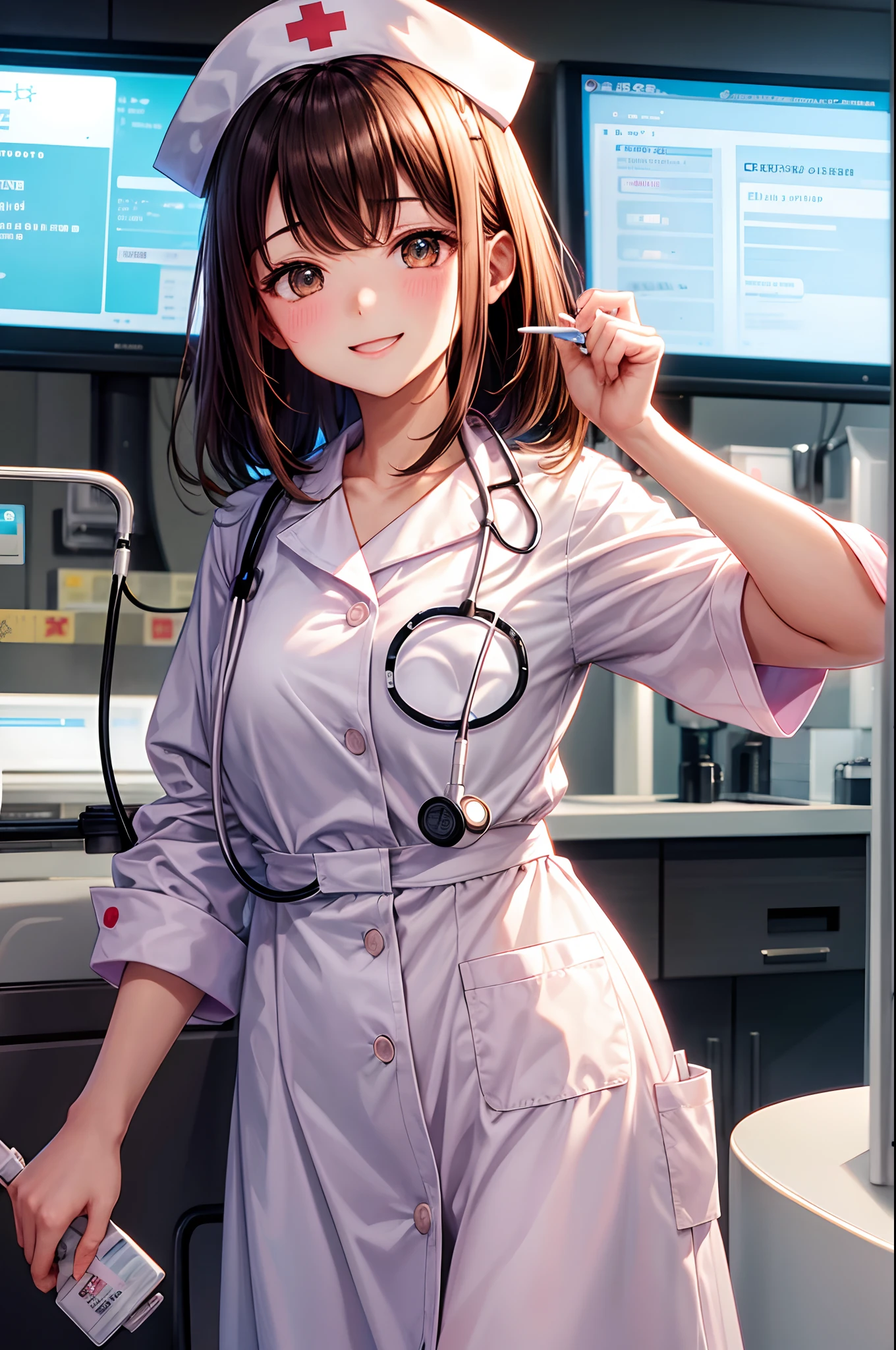 Best Quality, Nurse、Very cute、A smile、bobhair、Brown hair、hospitals、I want to blush、Staring at this、Do not wear hats、winc、Grab a stethoscope、Brandishing a stethoscope、Using a syringe