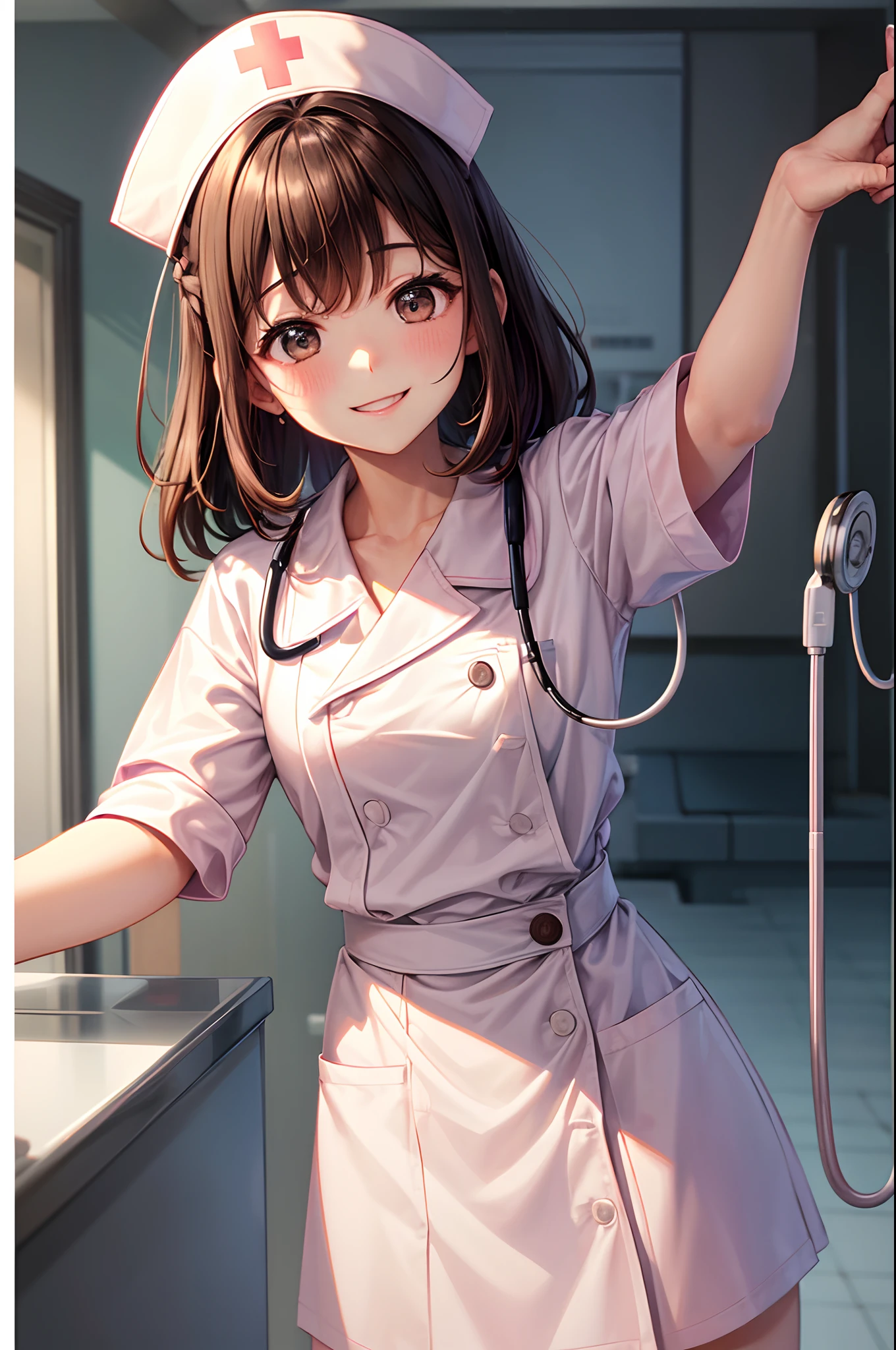 1 girl, alone, Yui Kotegawa, black hair, (brown eyes:1.5), long hair, closed mouth、nurse, nurse cap, white clothes, ((white legwear, zettai ryouiki)), white gloves, very short hair, orange hair, Are standing, ((hospital room)), sharp outline, short sleeve, highest quality, masterpiece