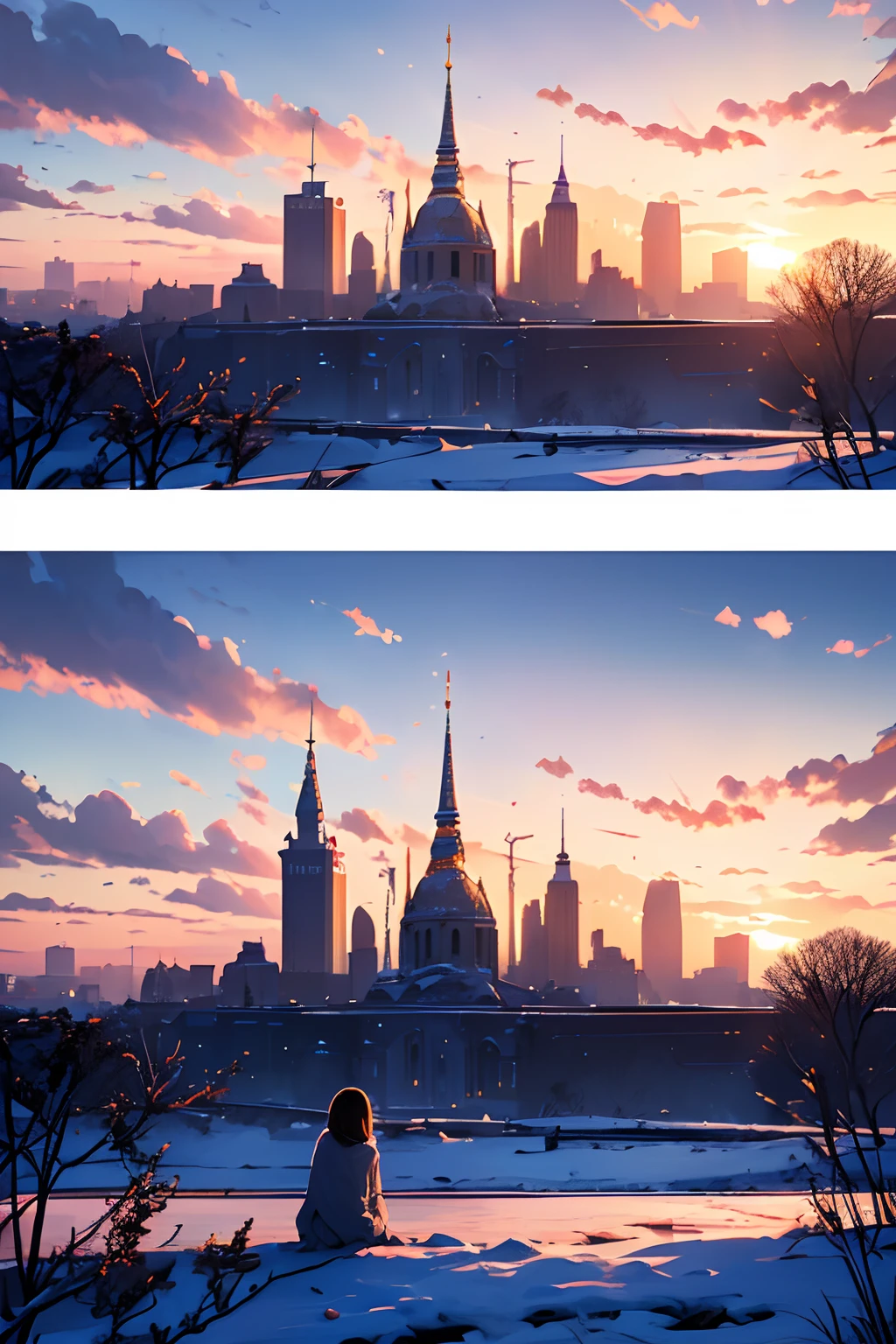 (best quality,4k,8k,highres,masterpiece:1.2),ultra-detailed,(realistic,photorealistic,photo-realistic:1.37),the last sunset before leaving,winter sky at sunset,soft colors,pink orange,blue,mist,rows of trees and buildings,peaceful atmosphere,serene landscape,subtle hues,receding sunlight,golden hour,quiet streets,gentle breeze,kiss of warmth,city silhouette,icy branches,elegant architecture,wistful mood,majestic skyline.