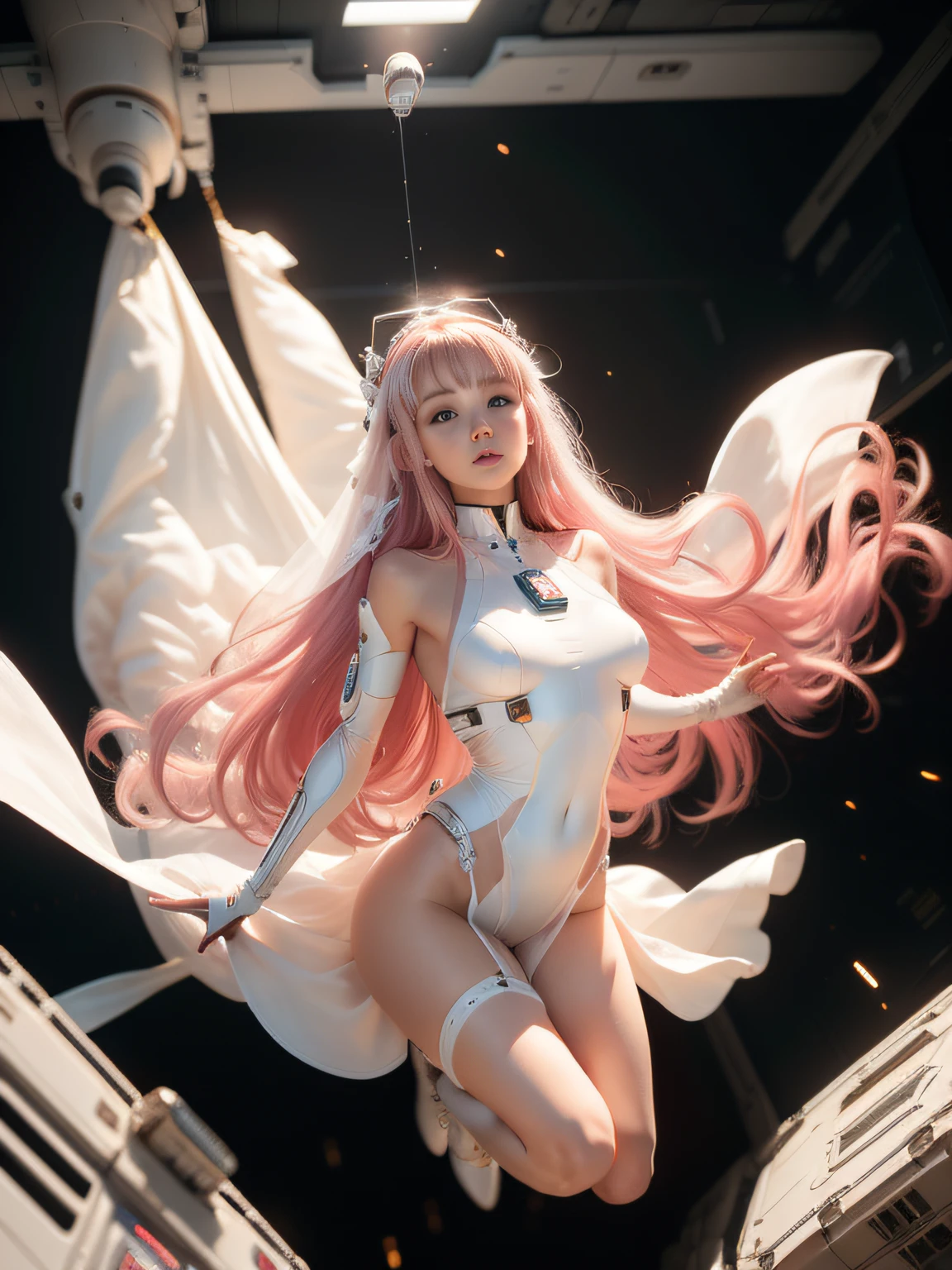 (Best Quality), Masterpiece, 8K, RAW, Cute white Silk Bride Naked，(Photo-realistic), white silk Dress, Pink long Hair, zero-gravity, Full-Body Portrait, soft Lighting, Mecha-Implants, (Cybernetics:1.2), Space-station, Particles floating in Air