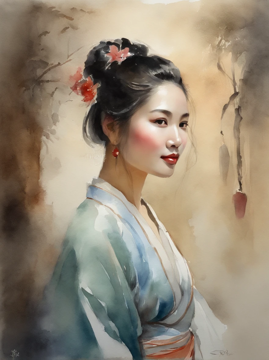 Watercolor painting of a beautiful chinese girl : : Trending on Artstation: : Simple composition creates a sense of order and harmony. The painting reflects the spiritual qualities of the natural world. --up light --ar 9:16