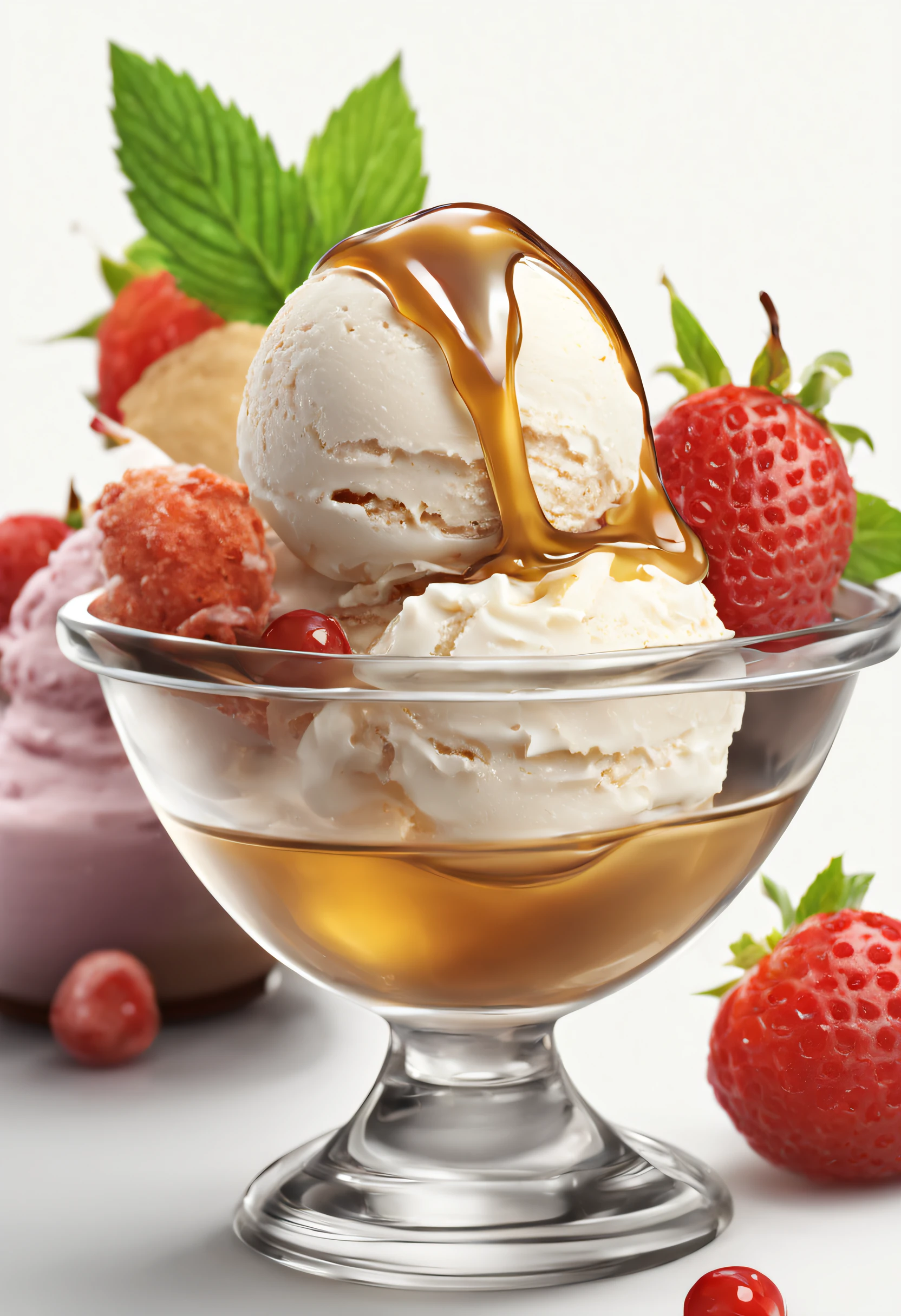 Scoop of ice cream with syrup, fhd, photorealistic, beauty