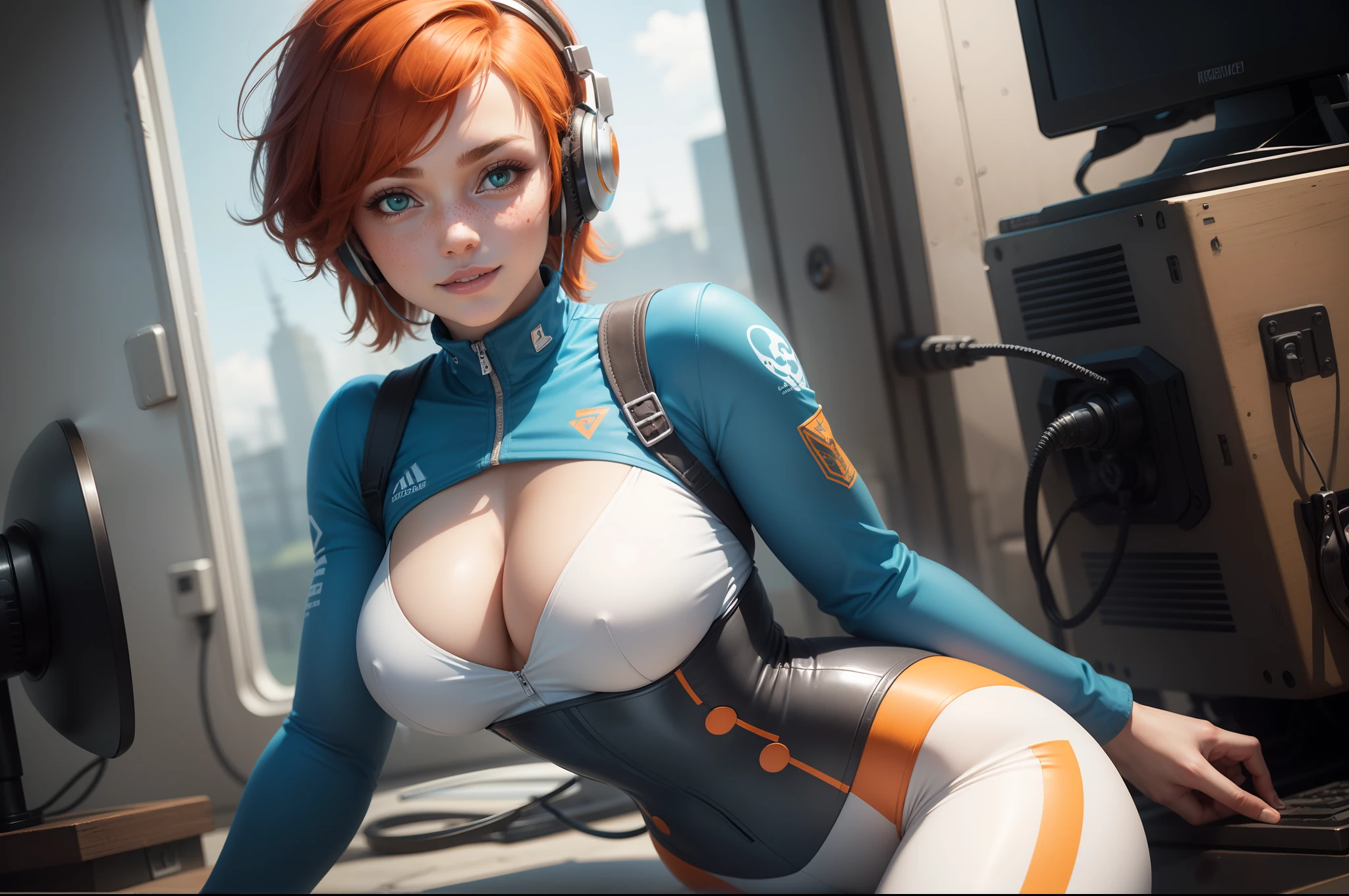 gwen tennyson,1girl,tracer,elsa,rebecca chambers,overwatch,gundam,close up,mecha pilot,battleship deck,white and blue plugsuit,hair pin,pirate corset, white long sleeve lycra top,orange leggings,short hair,cute makeup,green eyes,orange and blue hair,shy smile, freckles,redhead,beautiful girl,large breasts,ultra detailed,realistic,fantasy art, gaming headset,pilot jacket,helicopter,