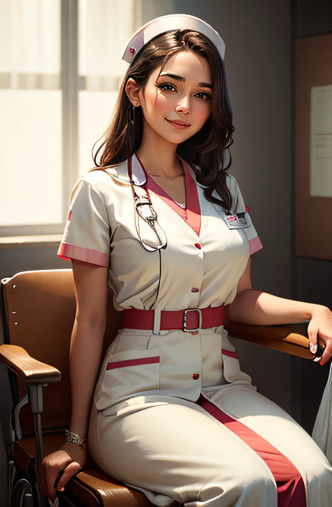 full shot body photo of the most beautiful artwork in the world featuring beautiful nurse, sitting on hospital, smiling, white outfit, nostalgia, sexy, stethoscope, heart professional majestic oil painting, Intricate, High Detail, Sharp focus, dramatic, photorealistic painting art , strong post
