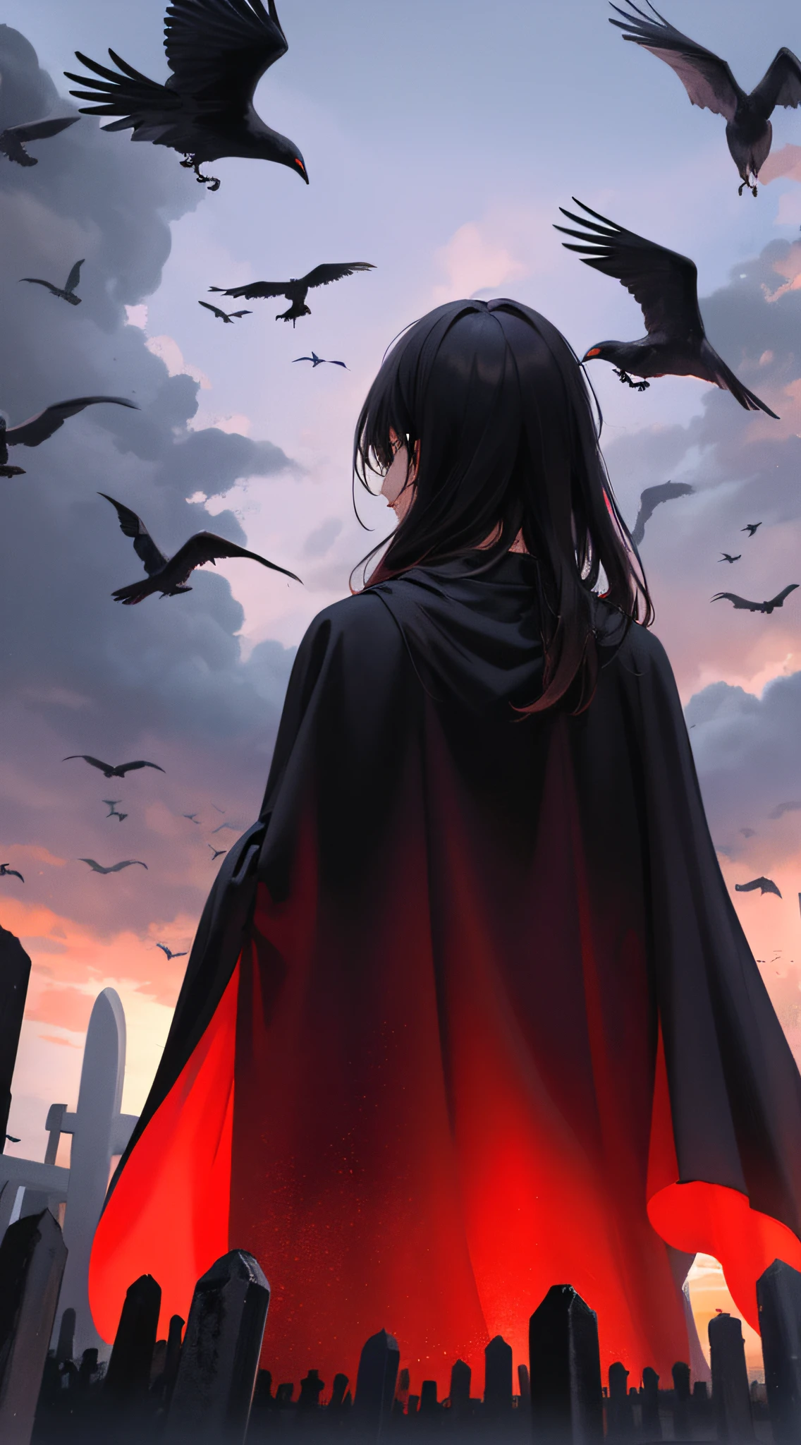Dark Mage Male, In a black boho robe, Hands to the sides, dark magic, red glow, Clouds of Crows, in the middle of the cemetery