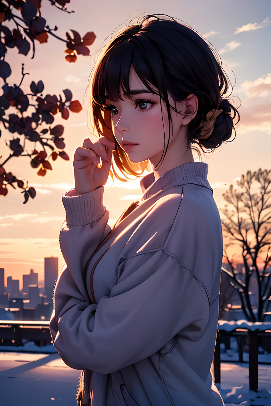 (best quality,4k,8k,highres,masterpiece:1.2),ultra-detailed,(realistic,photorealistic,photo-realistic:1.37),the last sunset before leaving,winter sky at sunset,soft colors,pink orange,blue,mist,rows of trees and buildings,peaceful atmosphere,serene landscape,subtle hues,receding sunlight,golden hour,quiet streets,gentle breeze,kiss of warmth,city silhouette,icy branches,elegant architecture,wistful mood,majestic skyline.