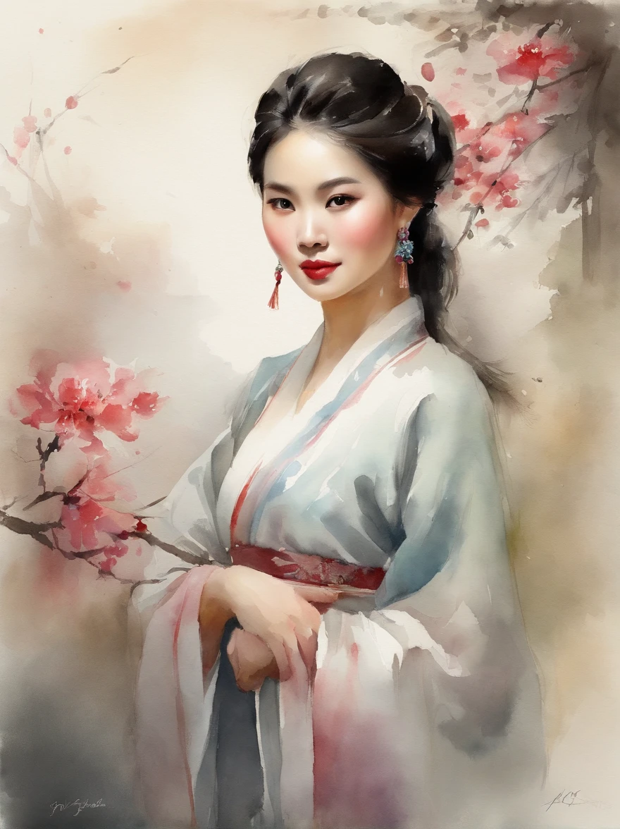 Watercolor painting of a Very Beautiful chinese girl : : Trending on Artstation: : Simple composition creates a sense of order and harmony. The painting reflects the spiritual qualities of the natural world. --up light --ar 9:16
