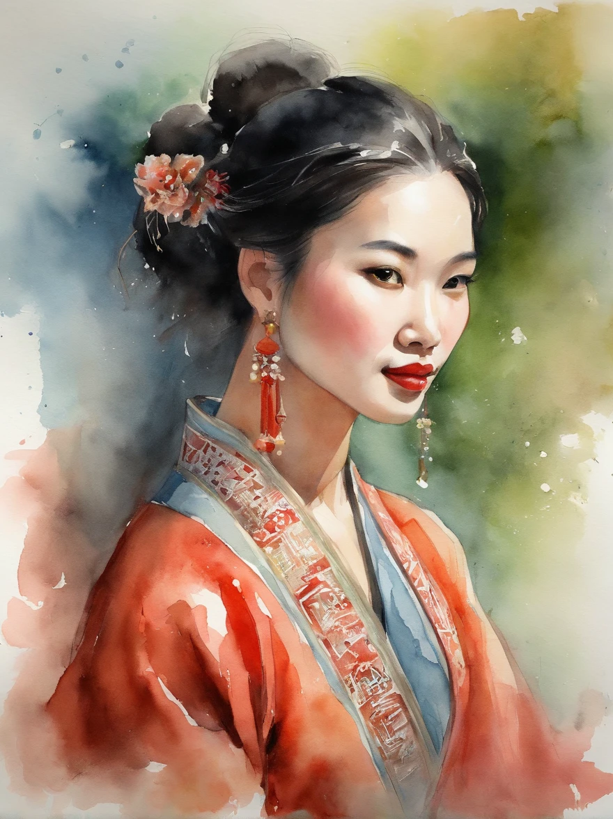 Watercolor painting of a Very Beautiful chinese girl : : Trending on Artstation: : Simple composition creates a sense of order and harmony. The painting reflects the spiritual qualities of the natural world. --up light --ar 9:16