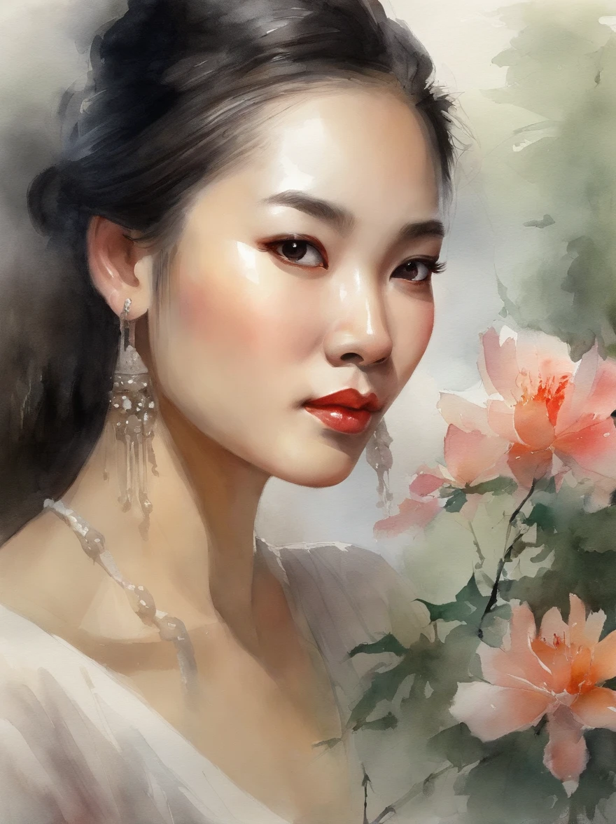Watercolor painting of a Very Beautiful chinese girl : : Trending on Artstation: : Simple composition creates a sense of order and harmony. The painting reflects the spiritual qualities of the natural world. --up light --ar 9:16