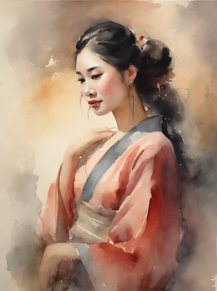 Watercolor painting of a Very Beautiful chinese girl : : Trending on Artstation: : Simple composition creates a sense of order and harmony. The painting reflects the spiritual qualities of the natural world. --up light --ar 9:16