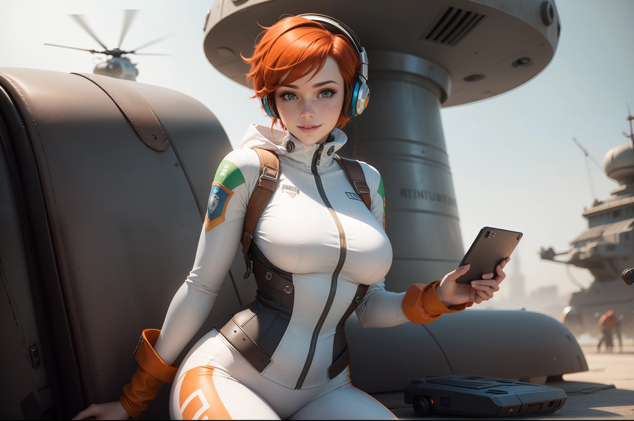 gwen tennyson,1girl,tracer,elsa,rebecca chambers,overwatch,gundam,close up,mecha pilot,battleship deck,white and blue plugsuit,hair pin,pirate corset, white long sleeve lycra top,orange leggings,short hair,cute makeup,green eyes,orange and blue hair,shy smile, freckles,redhead,beautiful girl,large breasts,ultra detailed,realistic,fantasy art, gaming headset,pilot jacket,helicopter,