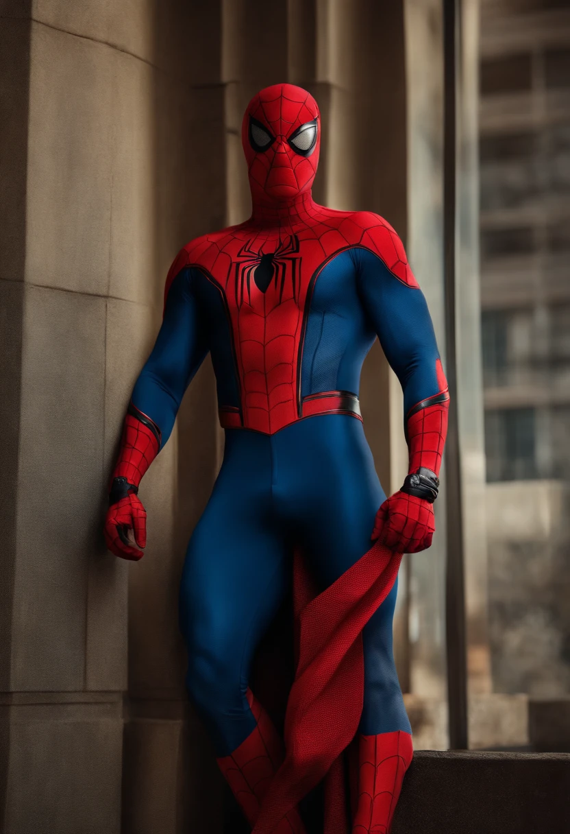 Homem aranha,realista,hiper realismo, Athletic muscle,com o trage vermelho e azul saturado com textura. E uma jaqueta por cima do traje. Sex