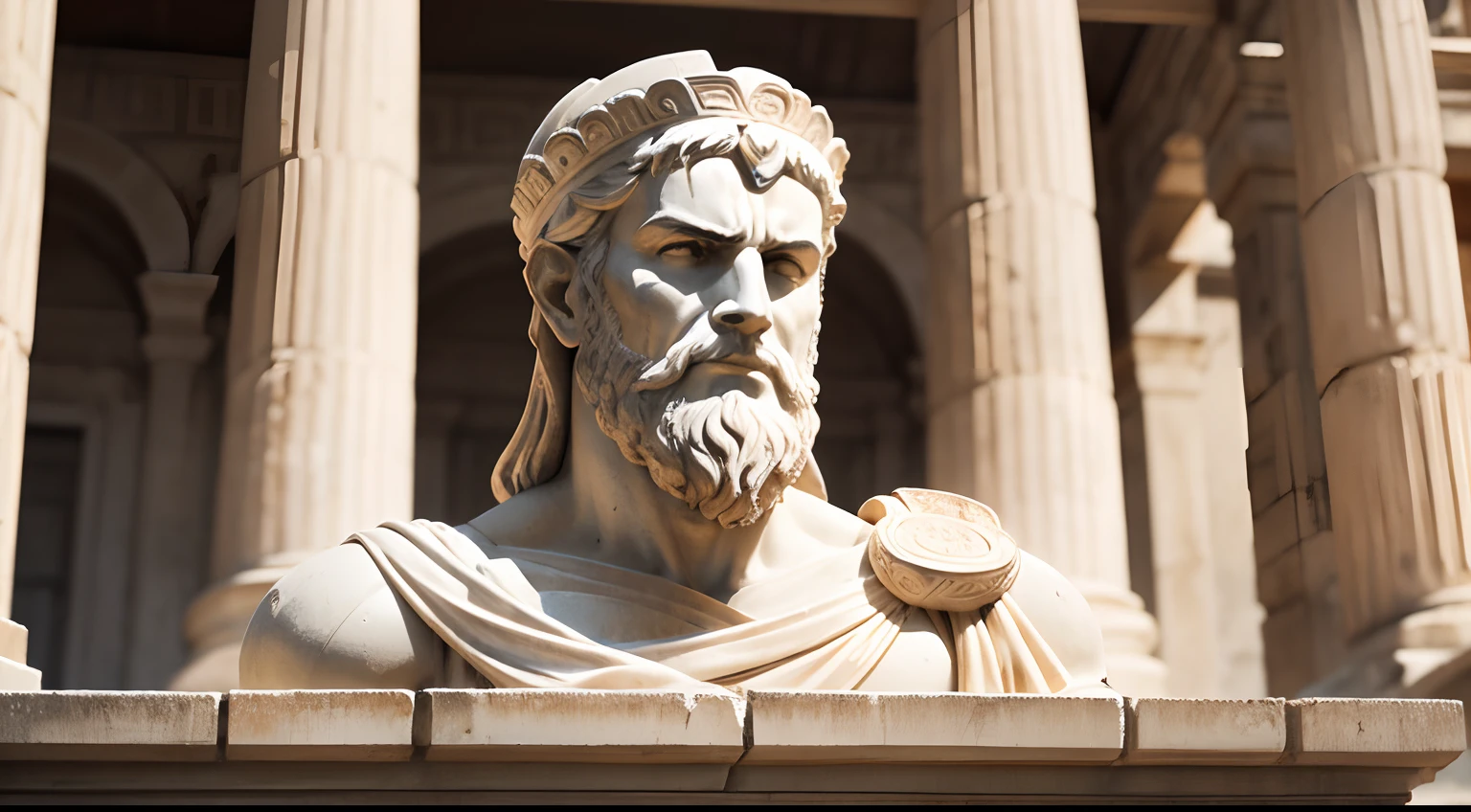 Ancient Greek statue with angry expression, Outside, com rosto extremamente detalhado, com barba, well-defined traits, whole body view, Colors with low saturation with dark tone, Filmado em Sony A7S III com Sony FE 35mm f/1.8, 12.1 MP, --AR 3:2 --estilo cru