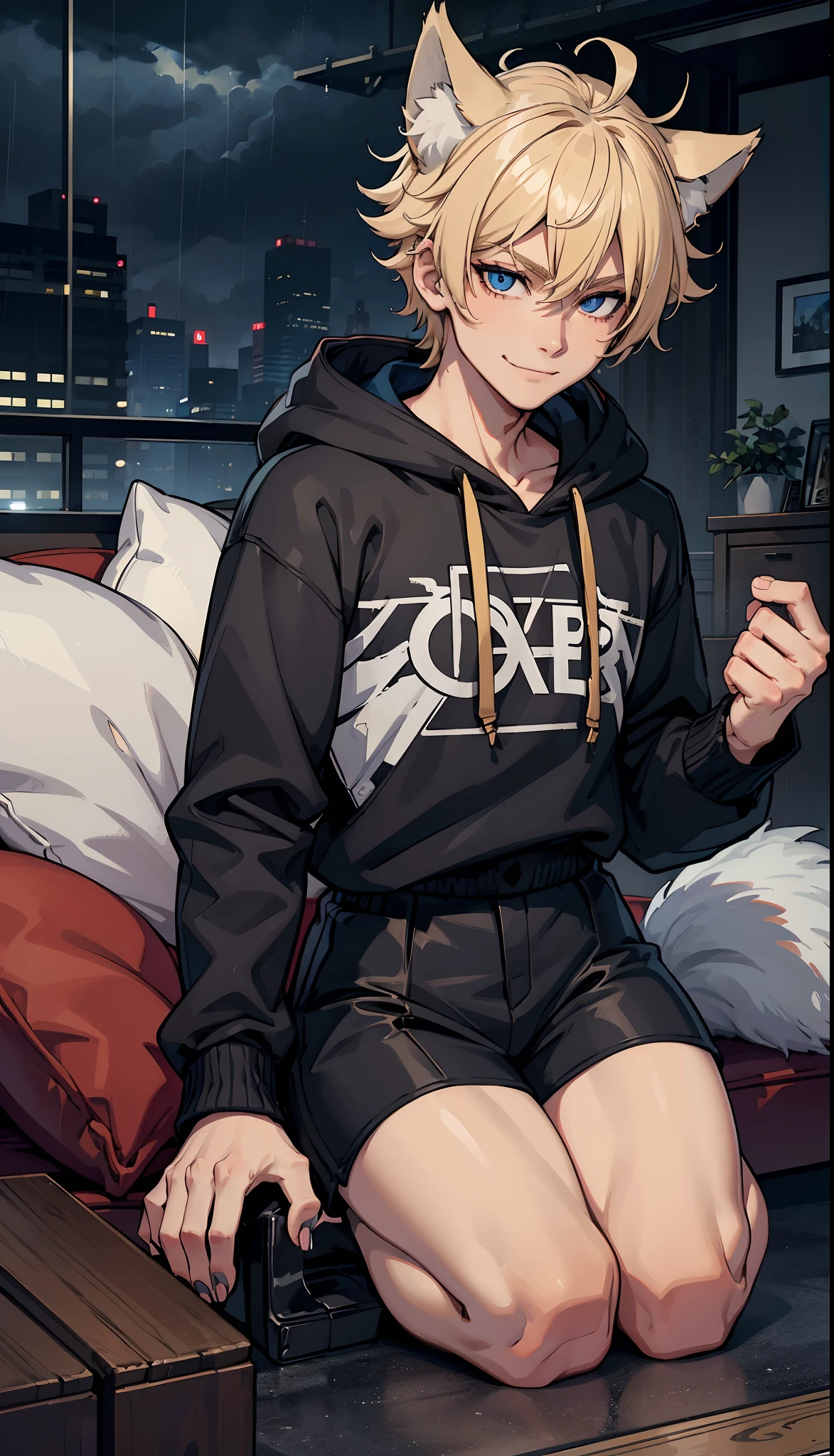 ((1boy)), blue eyes, messy blonde hair, close up view, wolf ears, wolf tail, black hoodie, black pants, slim waist, big thighs, looking at viewer, fang smiling, living room, rainy weather, sharp nails, ultra masterpiece, HD, young, twinkish