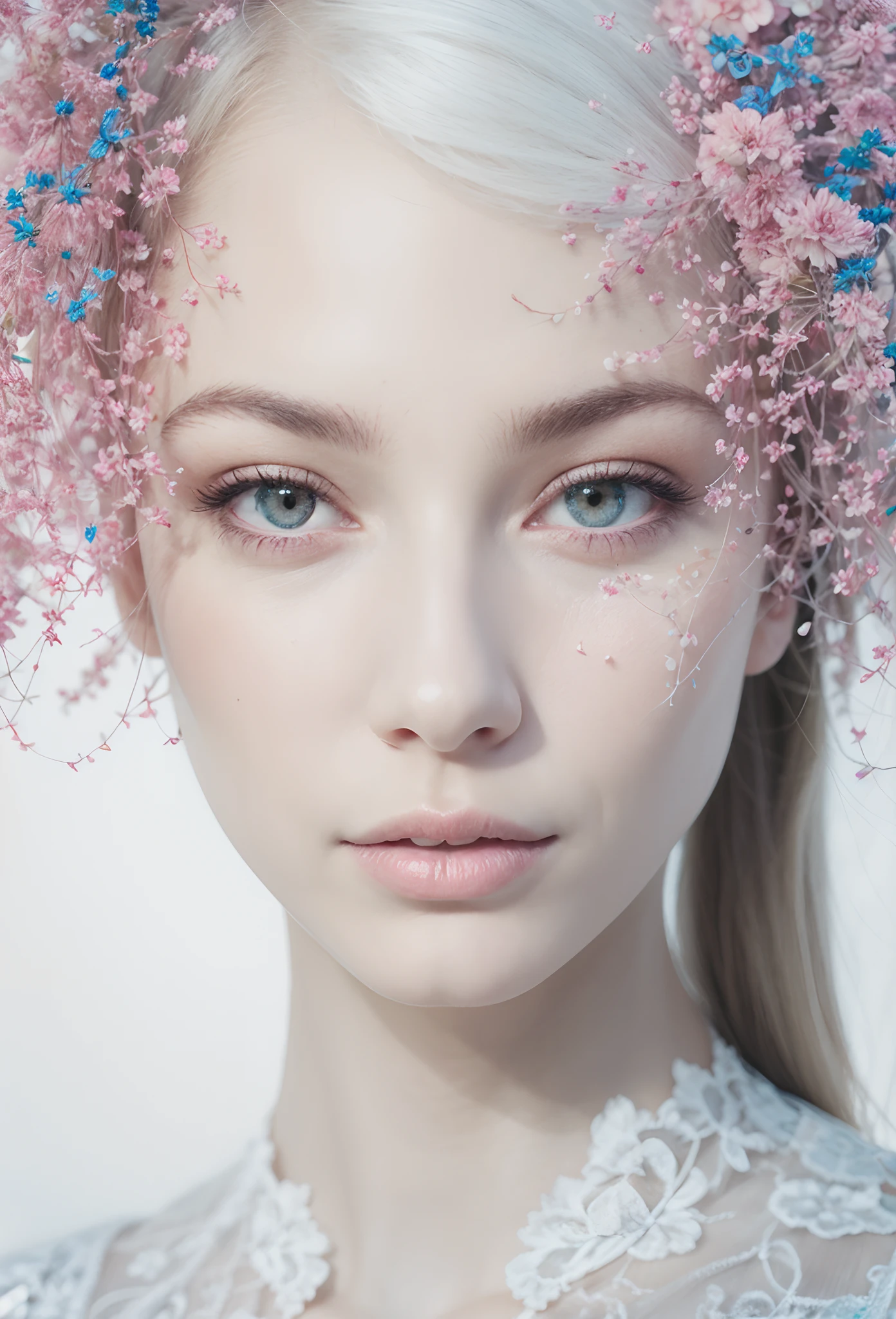 a portrait photo of a beautiful woman, white face, floral ornaments
