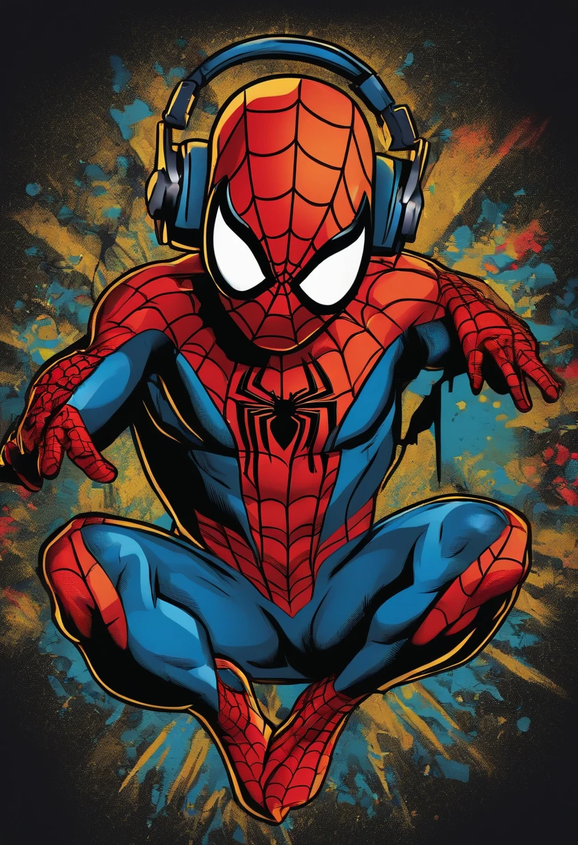 centered, isometric, vector t-shirt art ready to print highly detailed colourful graffiti illustration of Spiderman, wearing headphones, face is covered by highly detailed damaged spiderman mask, vibrant color, high detail